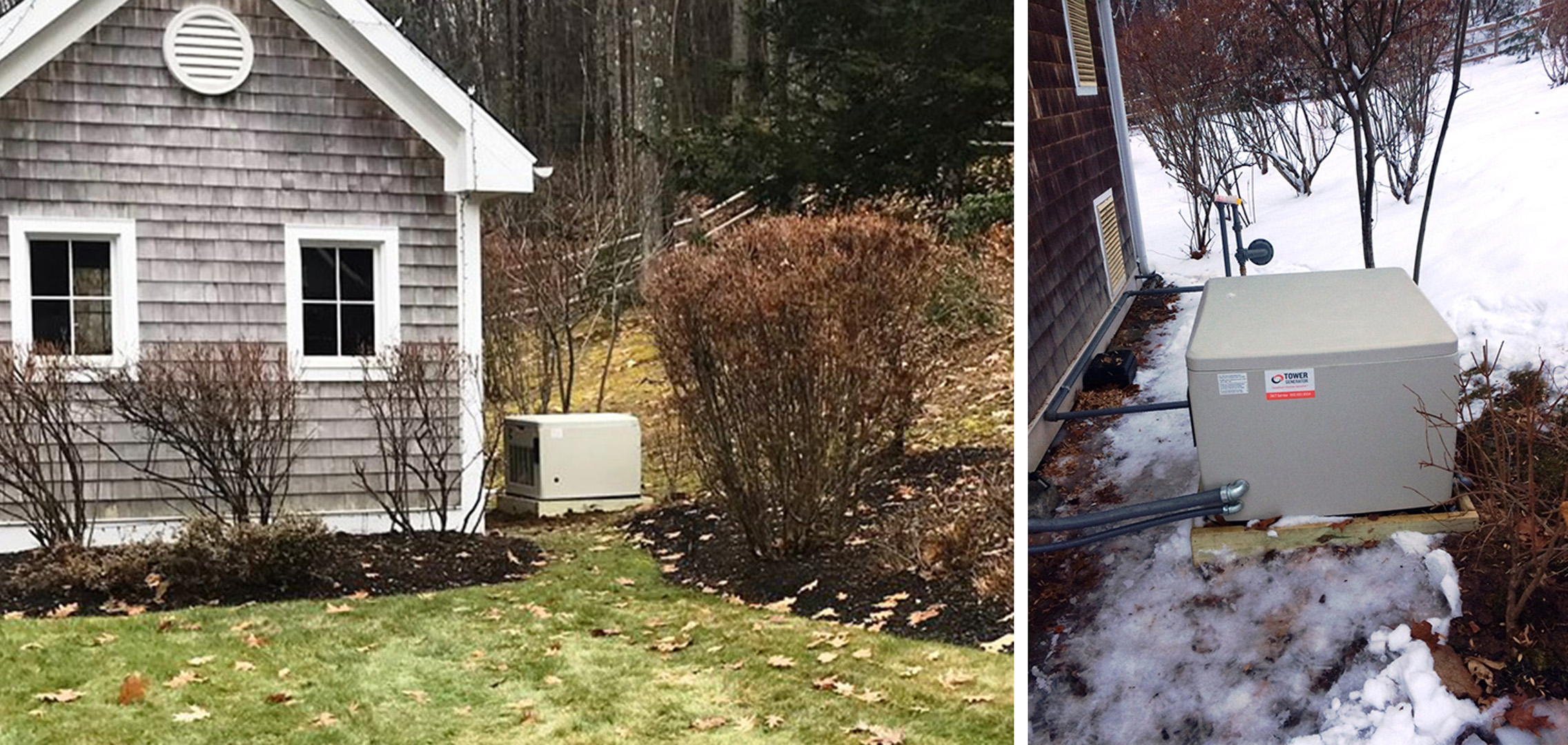 An image on the left of a residential generator next to a house and an image on the right of the same residential generator up-close
