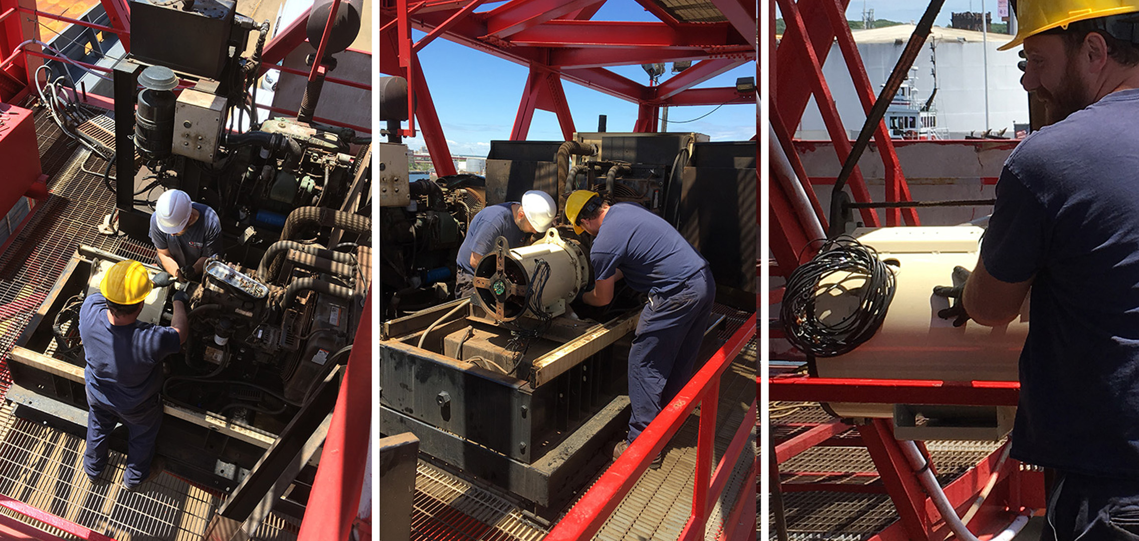 Three image of Tower Generator employees installing a commercial generator from different angles