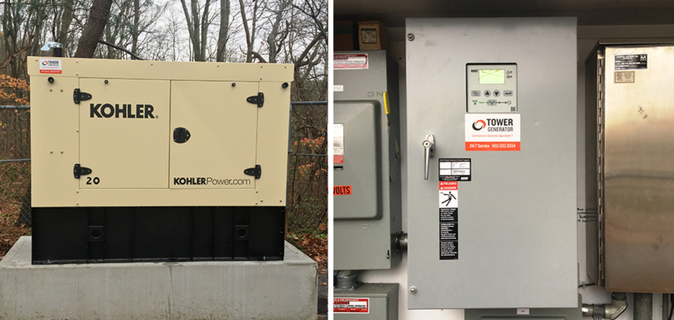 An image on the left of a commercial generator and an image on the right of a newly installed electrical box