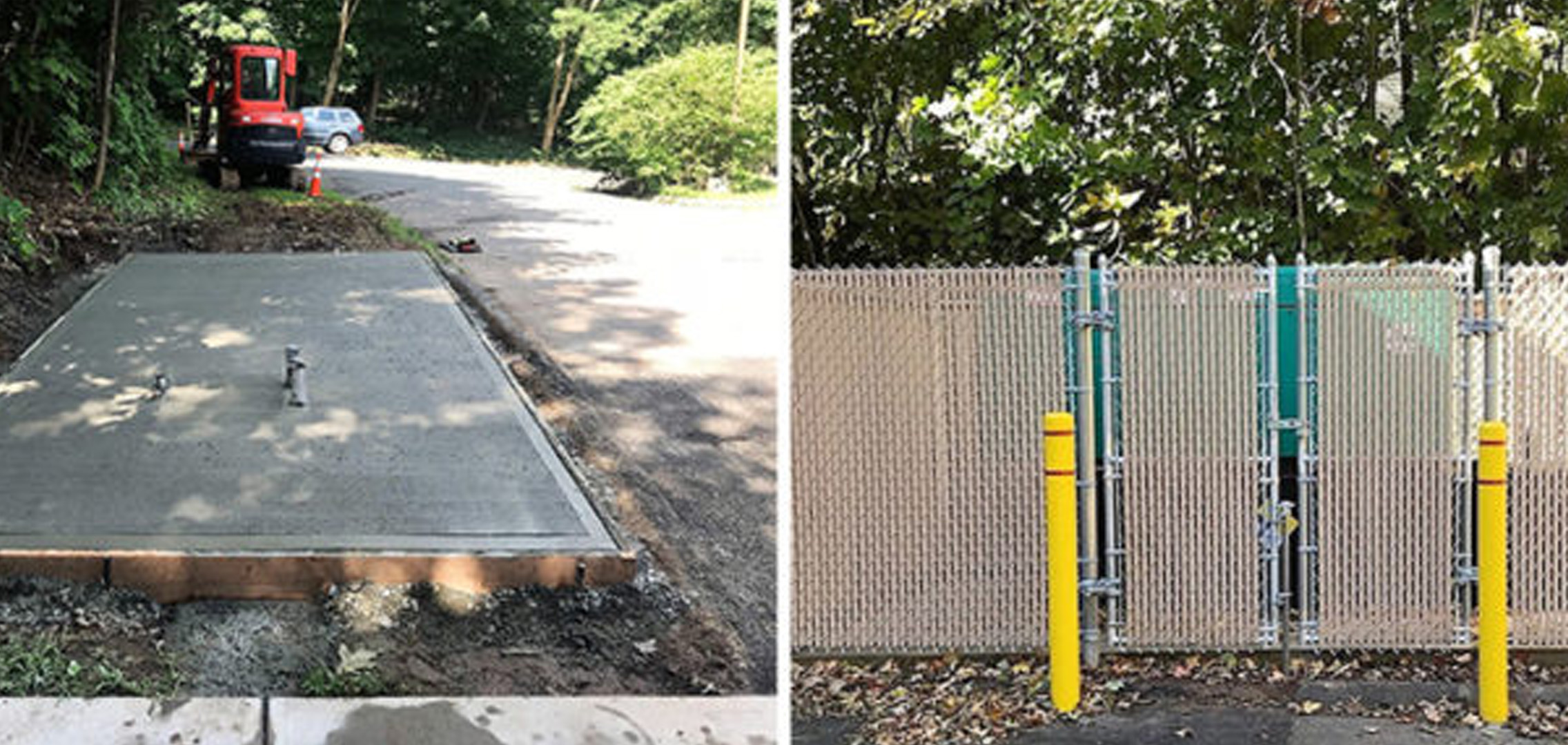 An image on the left of a concrete base and an image on the right of commercial generator enclosed in a fence