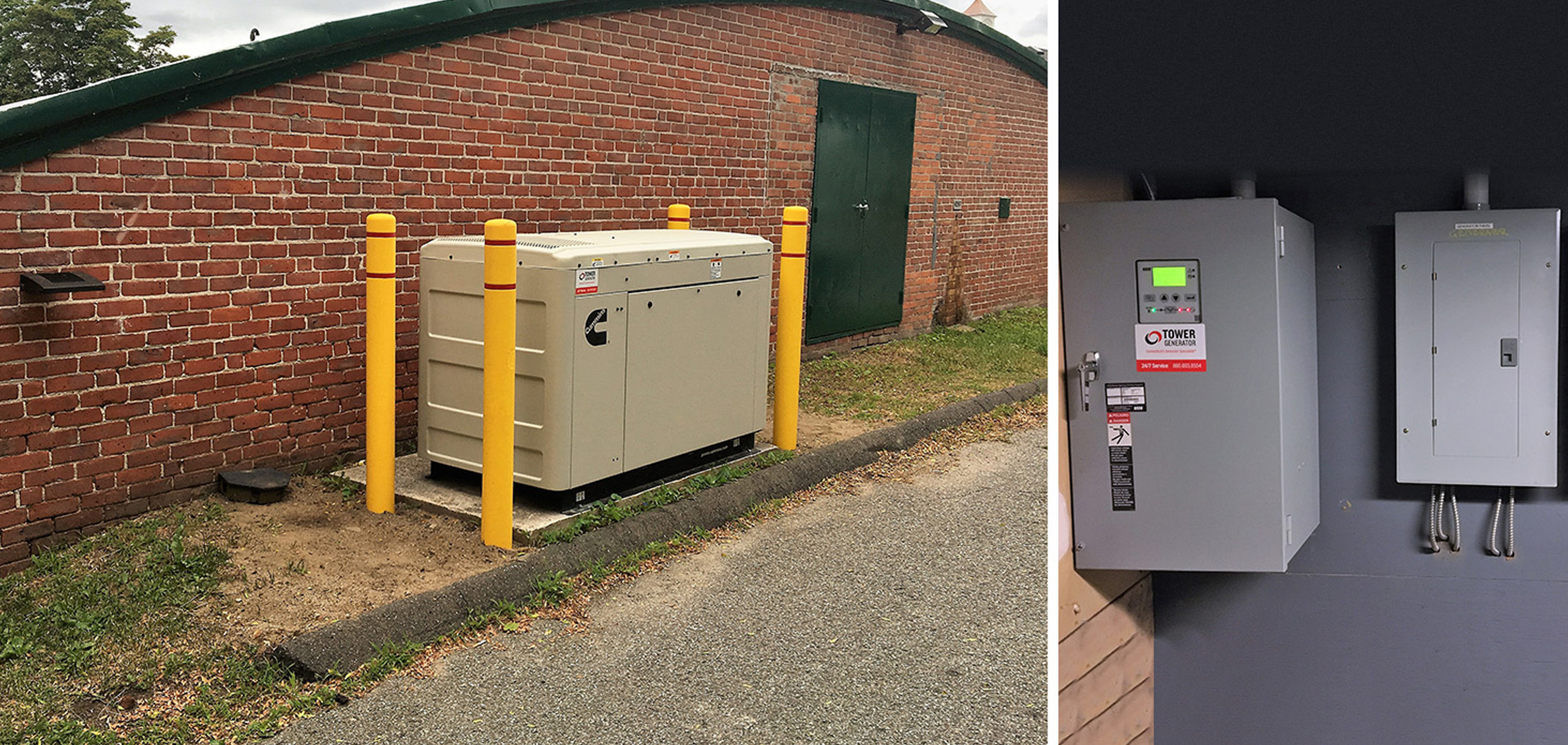 An image on the left of a commercial generator and an image on the right of a two electrical boxes