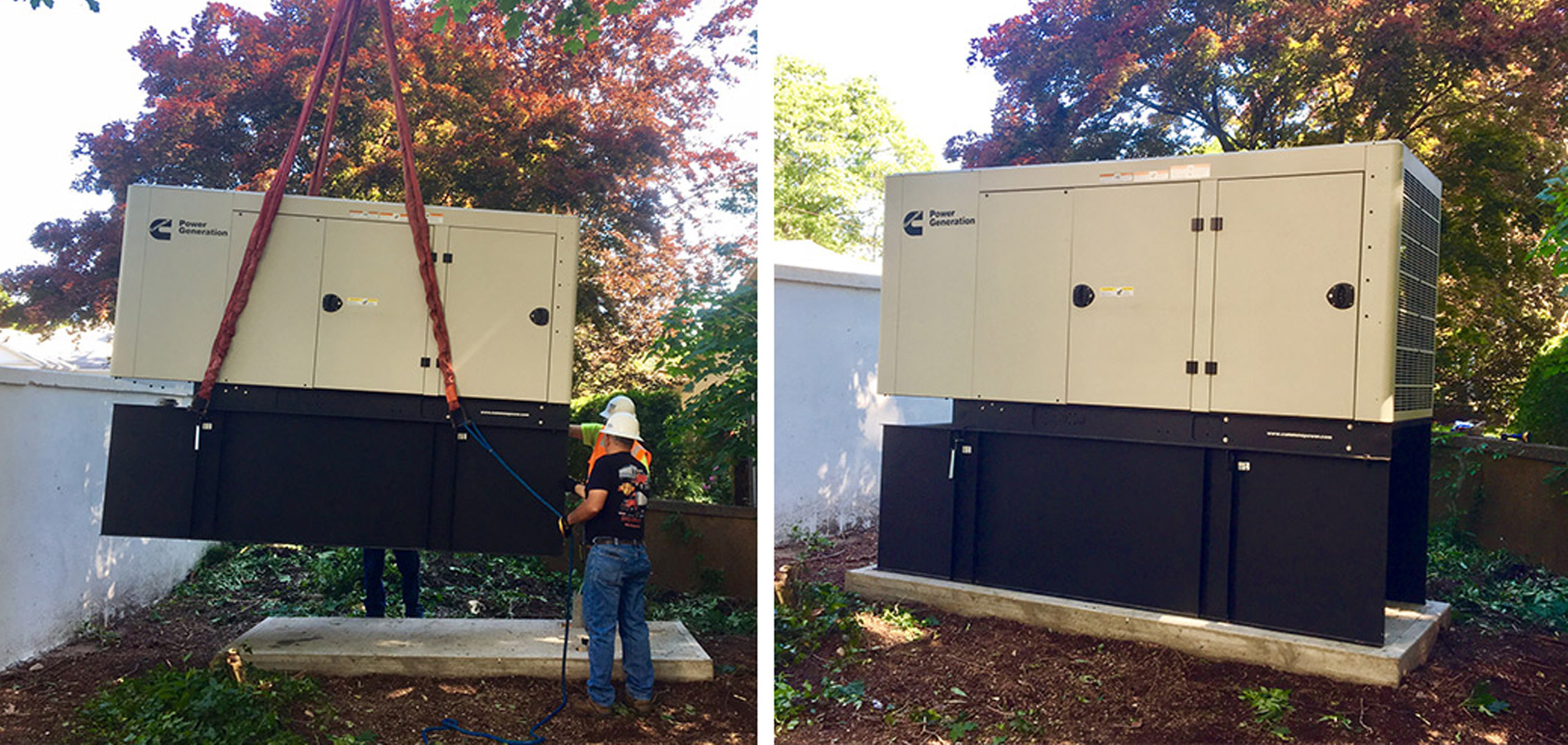 Two side by side images of a commercial generator being lowered onto a concrete base on the left and the same commercial generator fully installed on the right