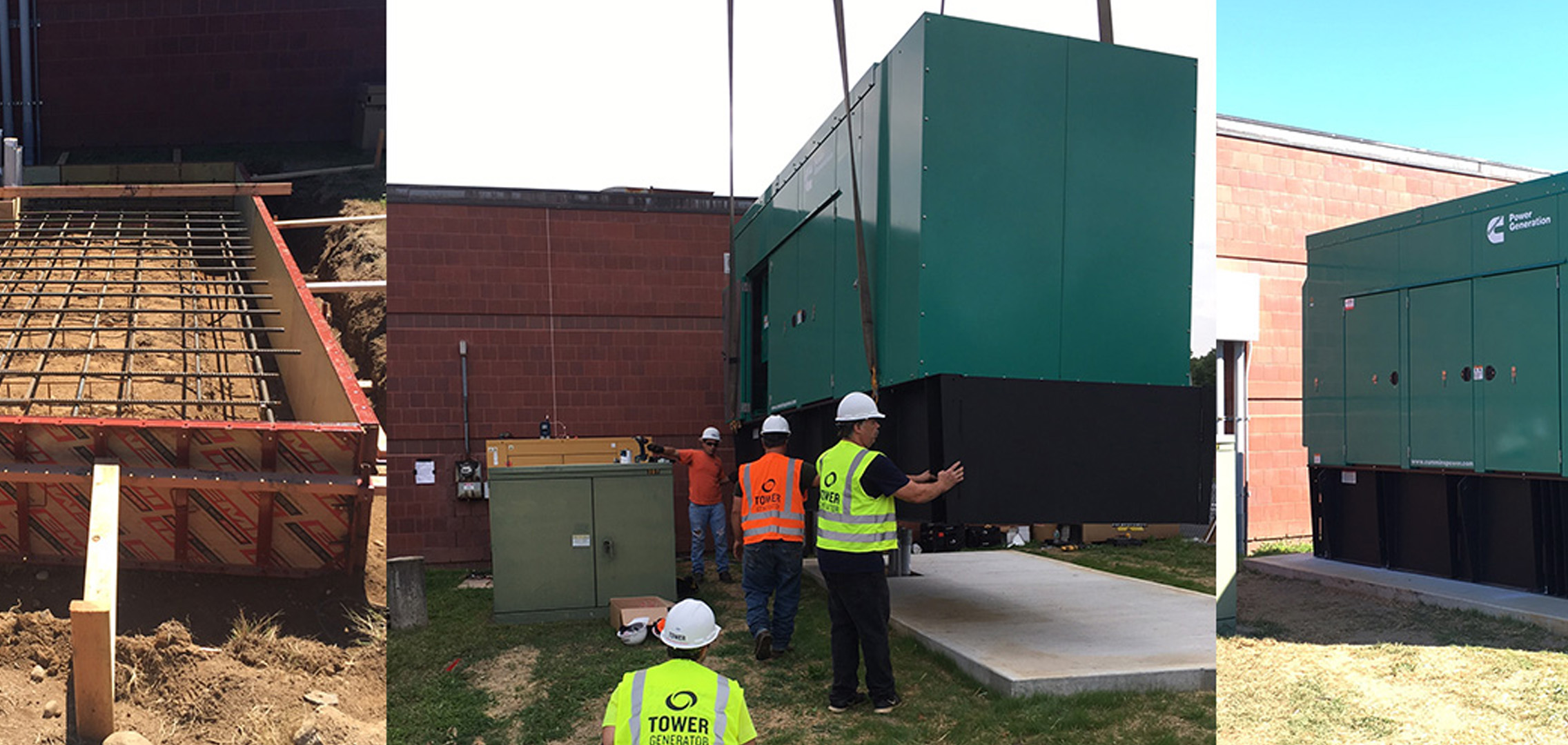 Image of rebar in a wooden frame, an image of Tower Generator employees installing a commercial generator, and an image of fully installed commercial generator (from left to right respectively)
