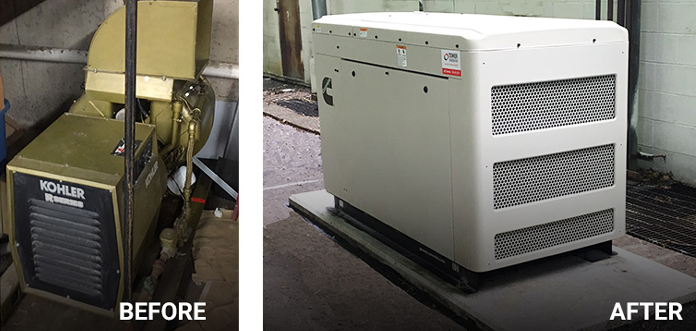 Before image on the left of old generator and after image on the right of the new commercial generator