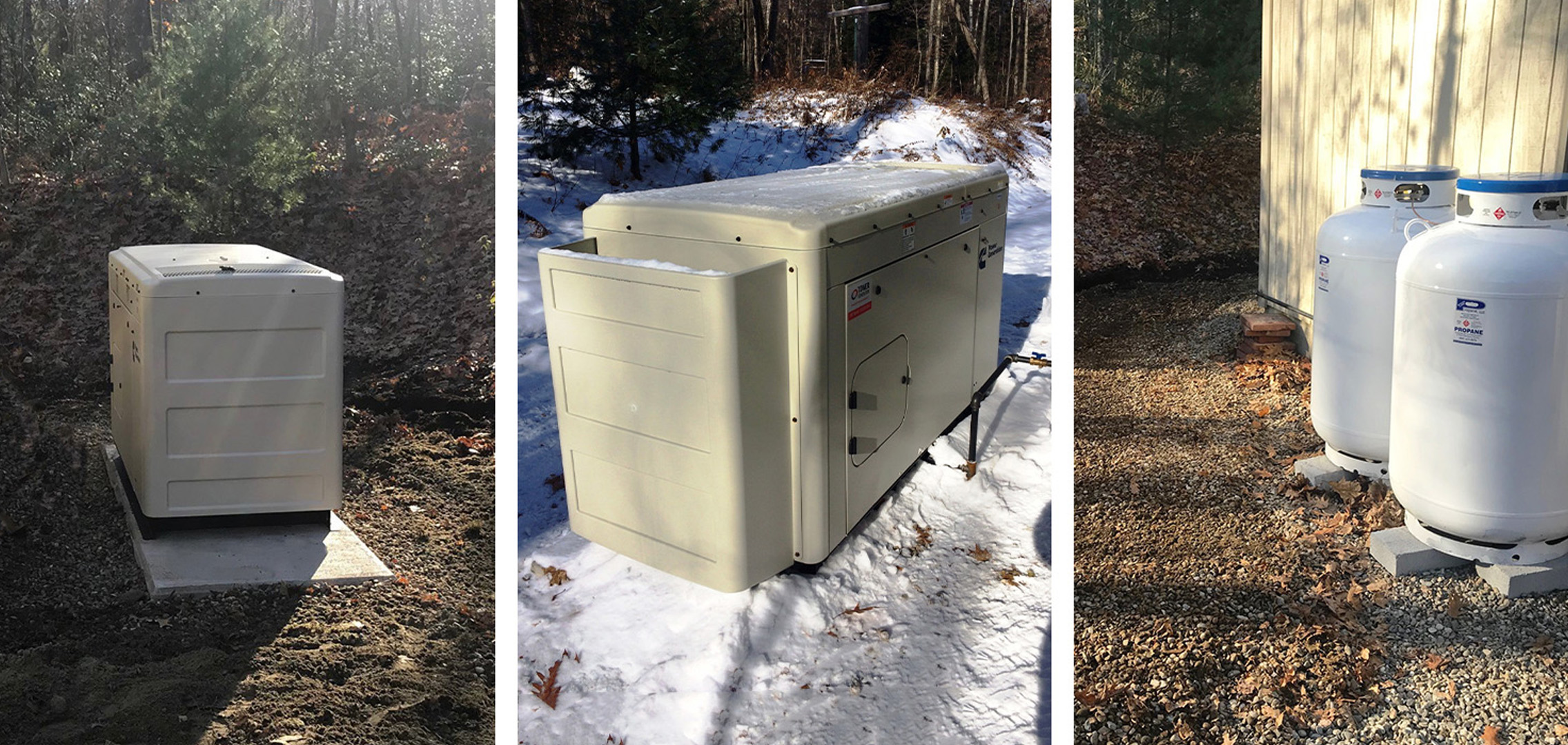 An image of a residential generator, an image of a residential generator in the snow, and an image of two large propane tanks from left to right, respectively.