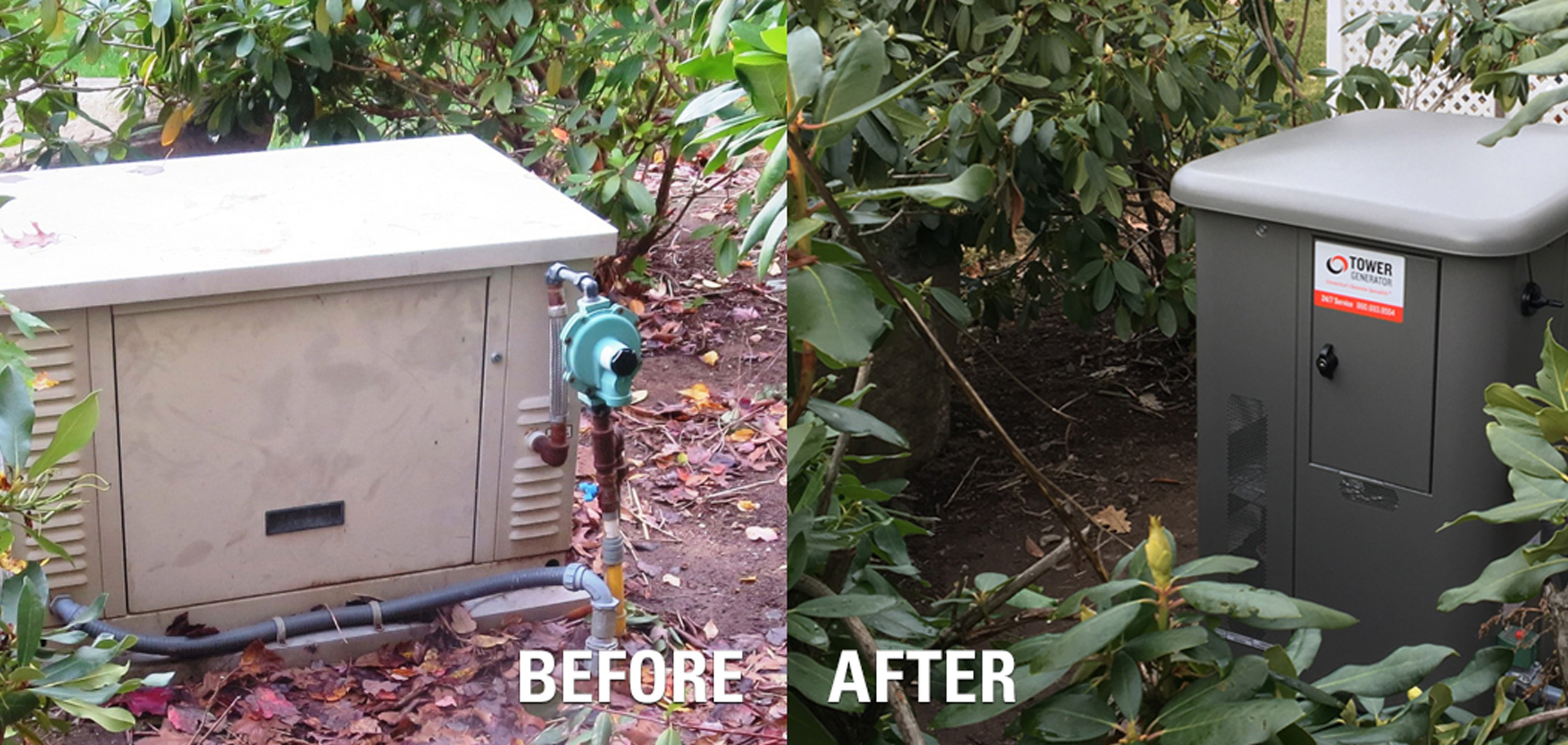 Before image on the right of an old residential generator and after image on the left of a newly installed residential generator