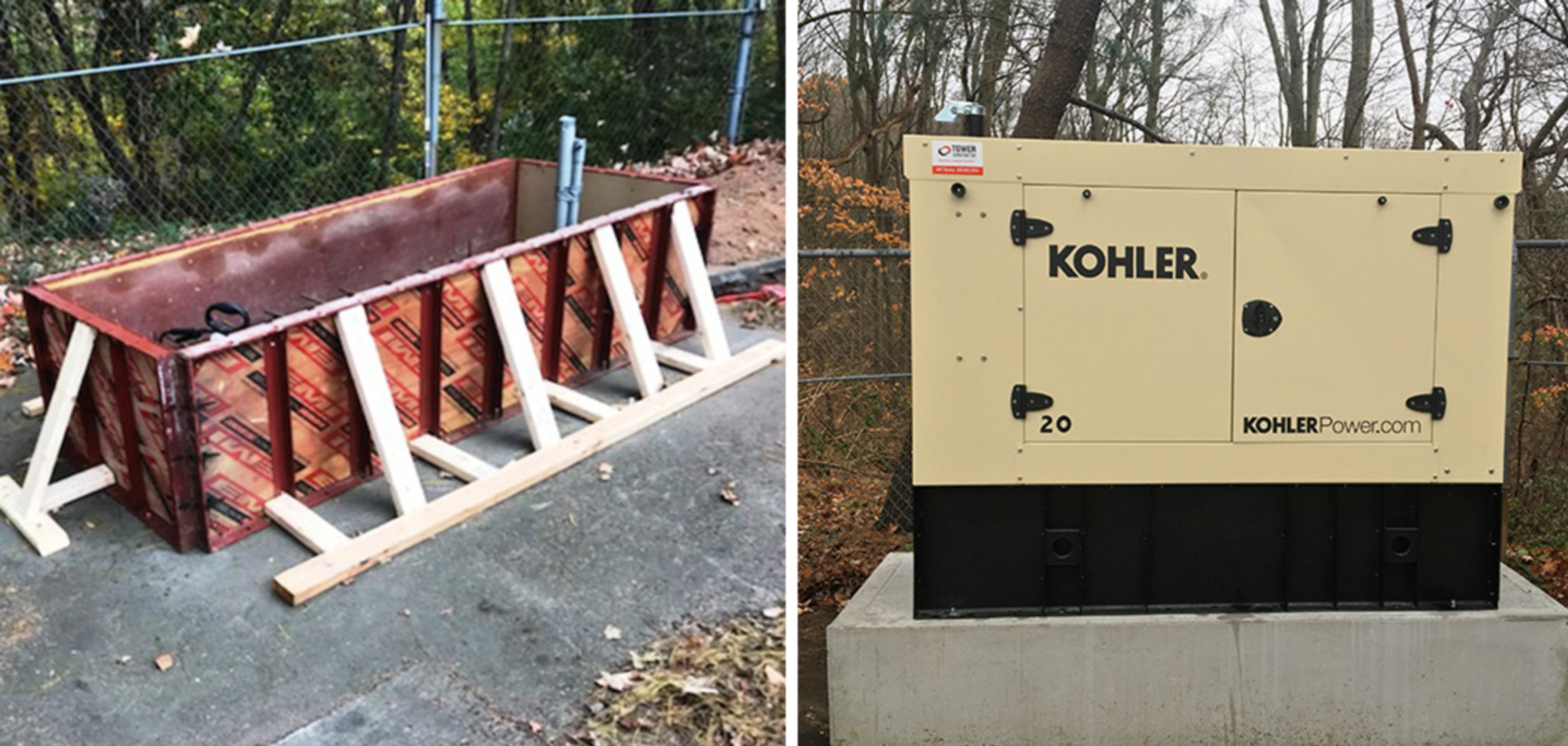 An image on the left of wooden frame and an image on the right of a commercial generator