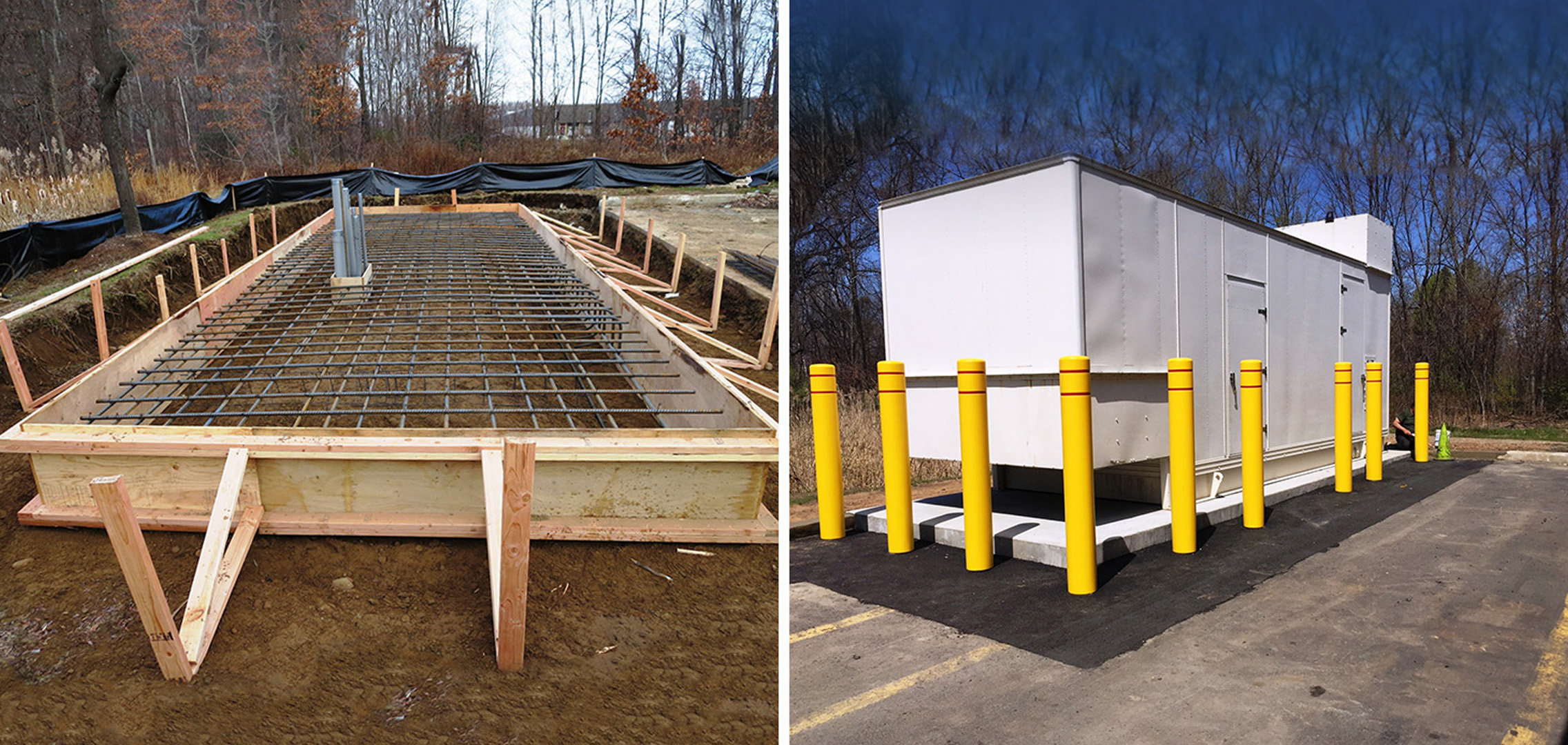 An image on the left of rebar wire in a wooden frame and an image in the right of a fully installed commercial generator