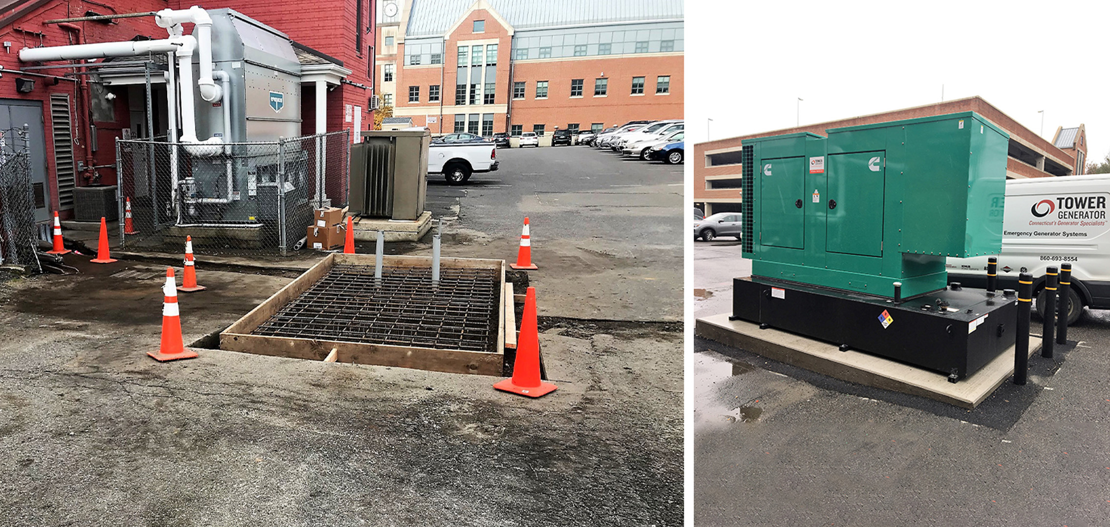 An image on the left of rebar in a wooden frame and an image on the right of a fully installed commercial generator