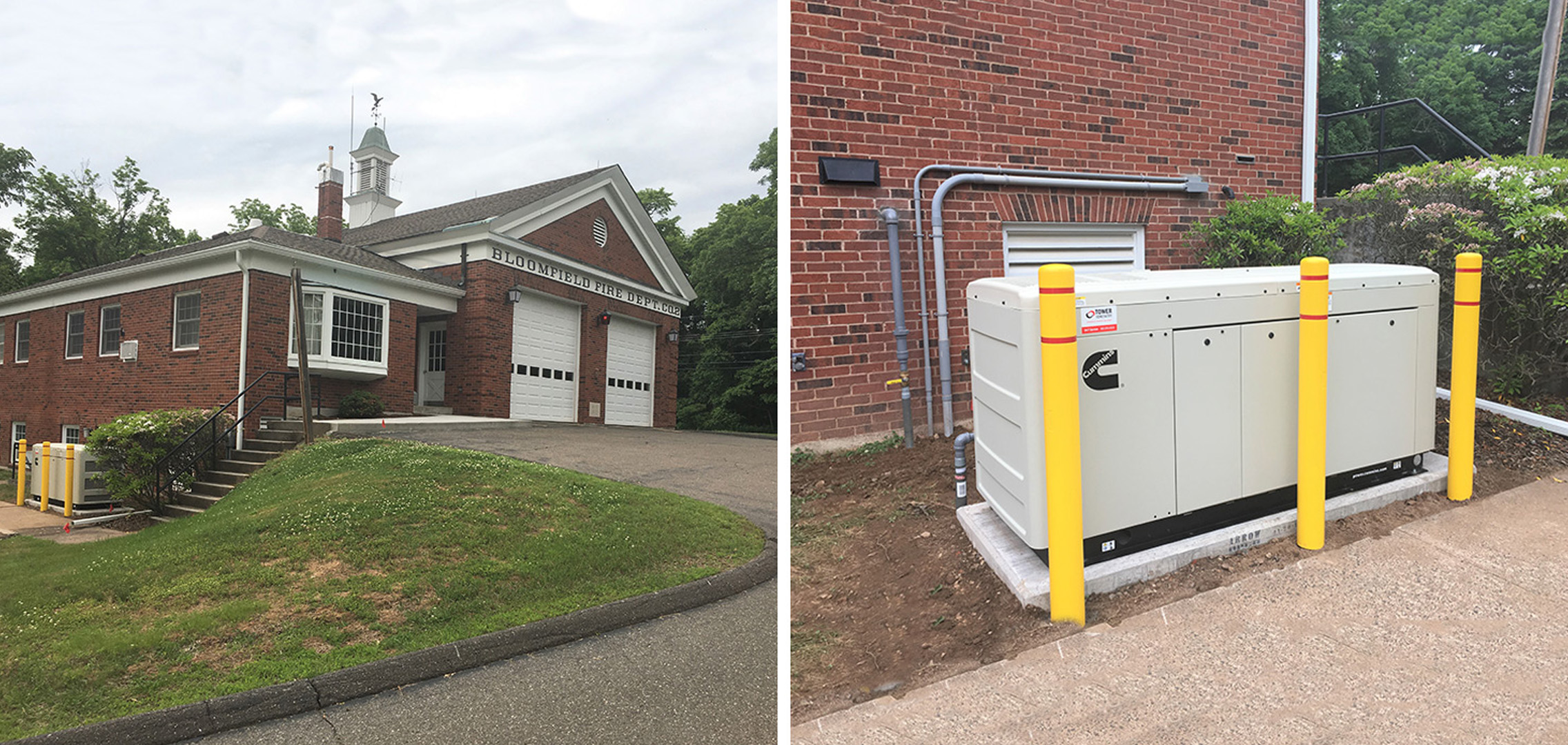 An image on the left of the Bloomfield F.D. building from afar and an image on the right of a commercial generator