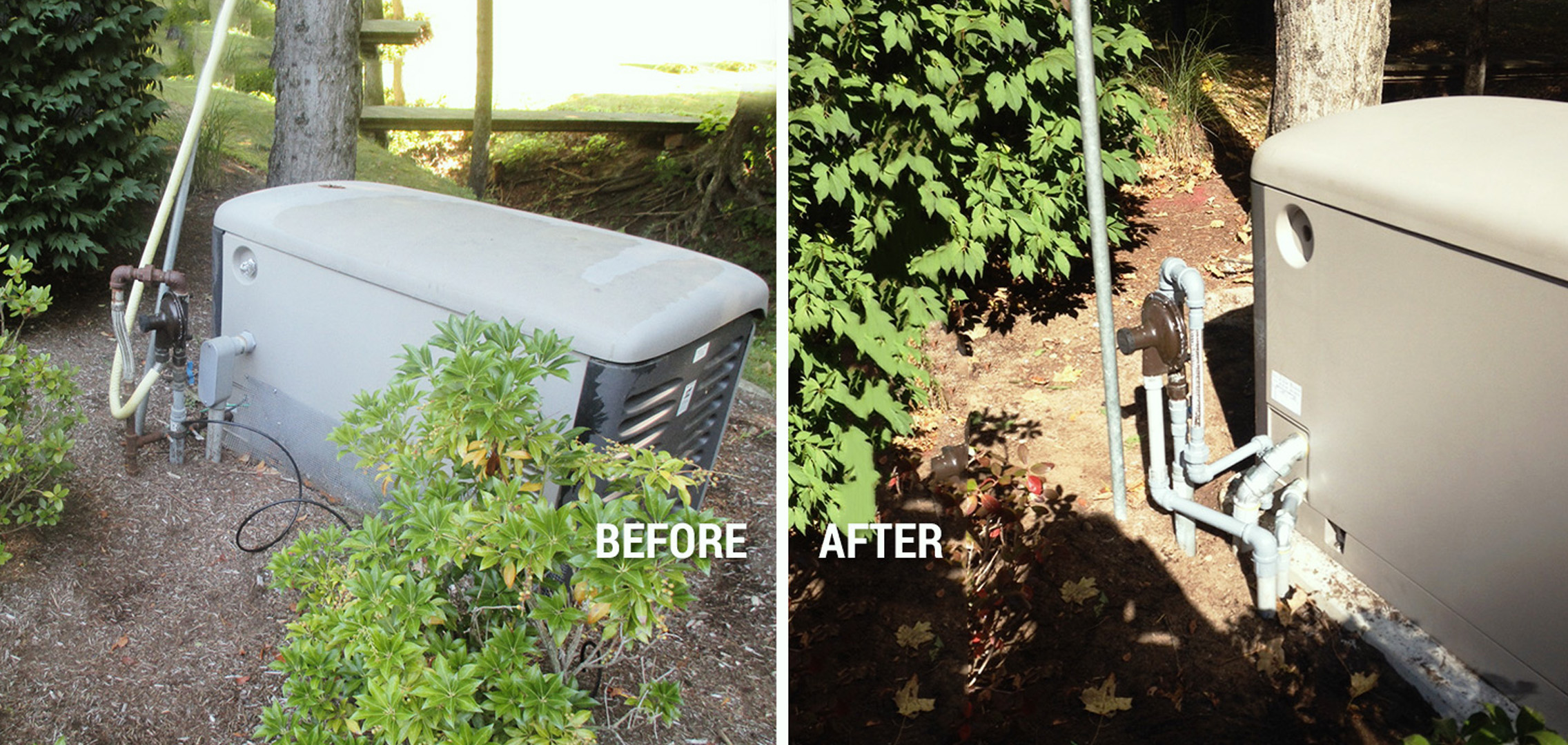 Side by side before and after images of generator electrical wiring