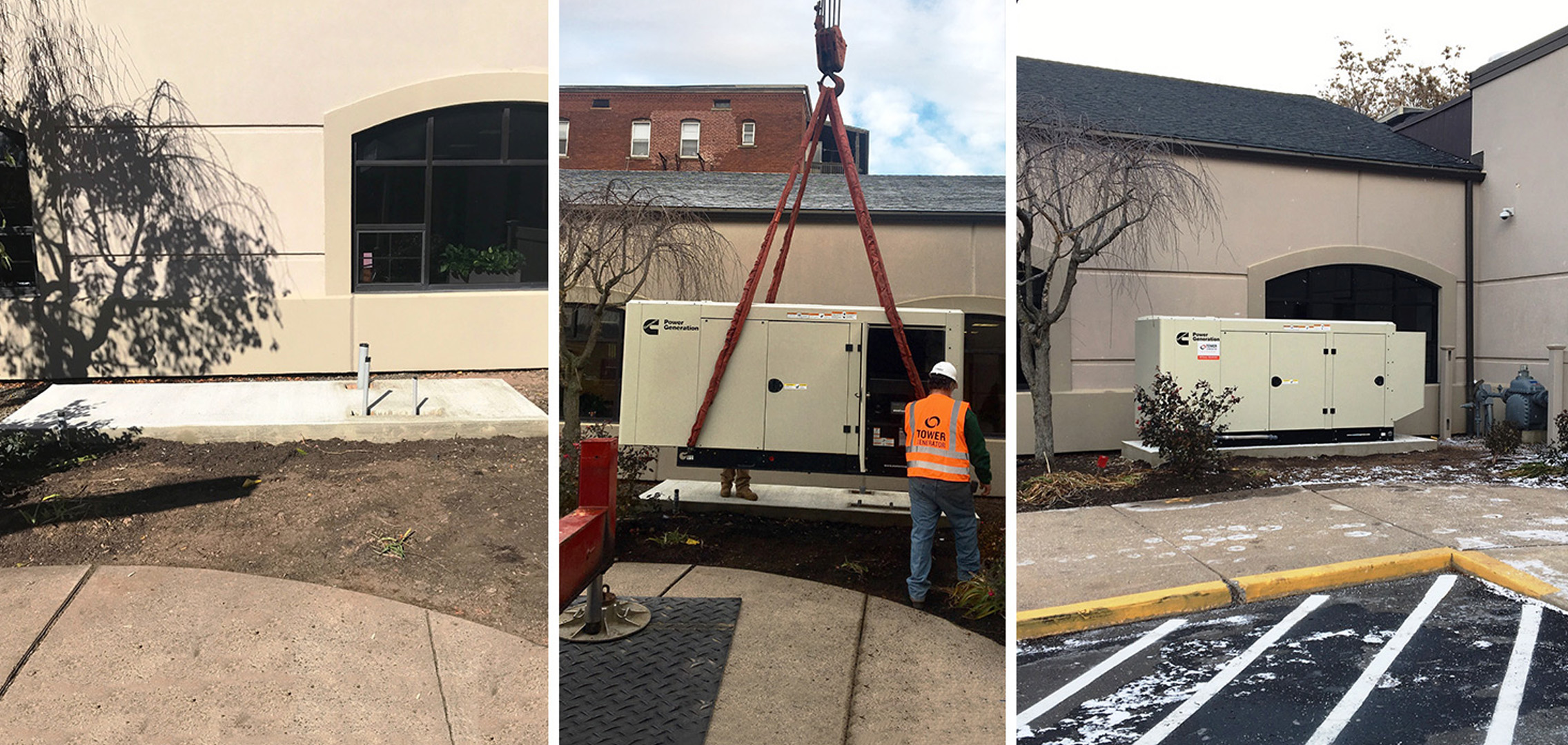 An image of a concrete base with electrical wires, an image of a commercial generator being airlifted into place, and an image of a fully installed commercial generator from left to right, respectively.