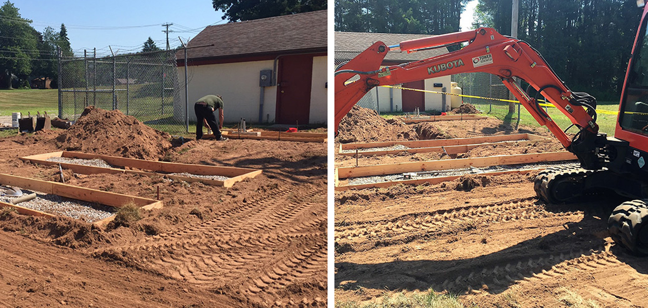 An image of a dug up ground with two wooden frames on the left and a red construction vehicle on the right