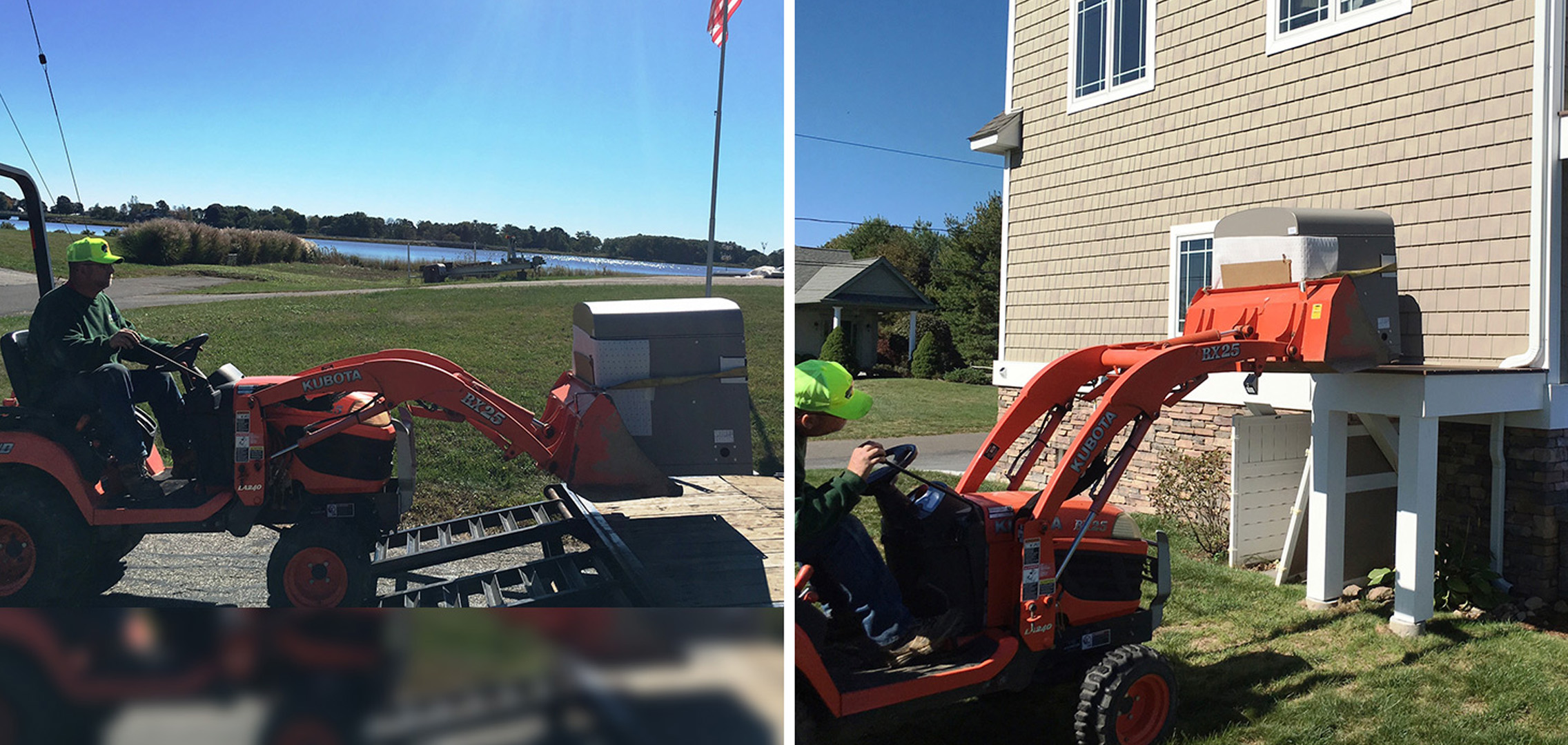 Two images of a Tower Generator employee operating a red construction vehicle that is lifting up a generator on a raised base on the side of a house