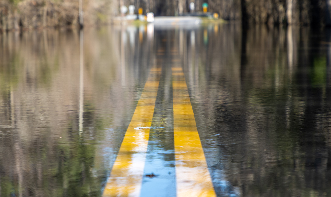 Wet road with double yellow lines in the center