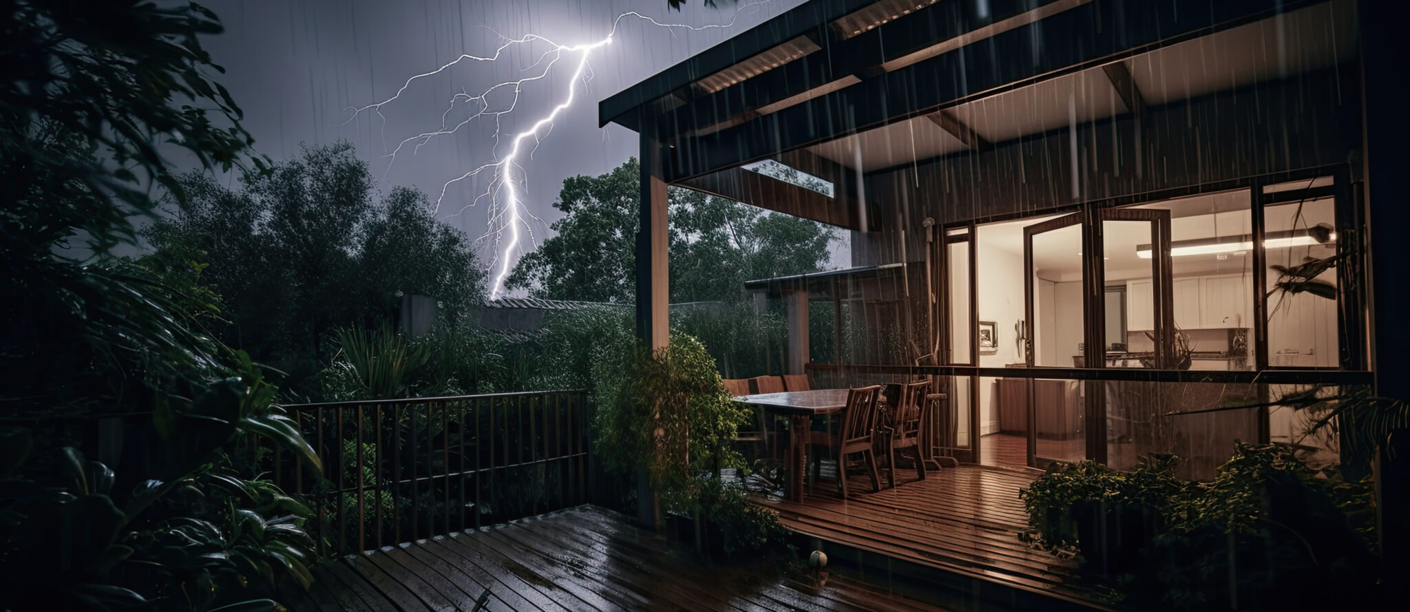 House with lights on during rain storm 