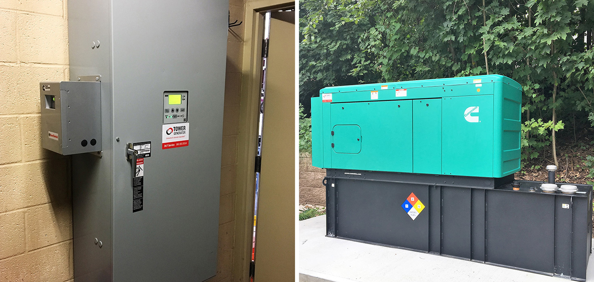 An image on the left of an electrical box and an image on the right of a commercial generator