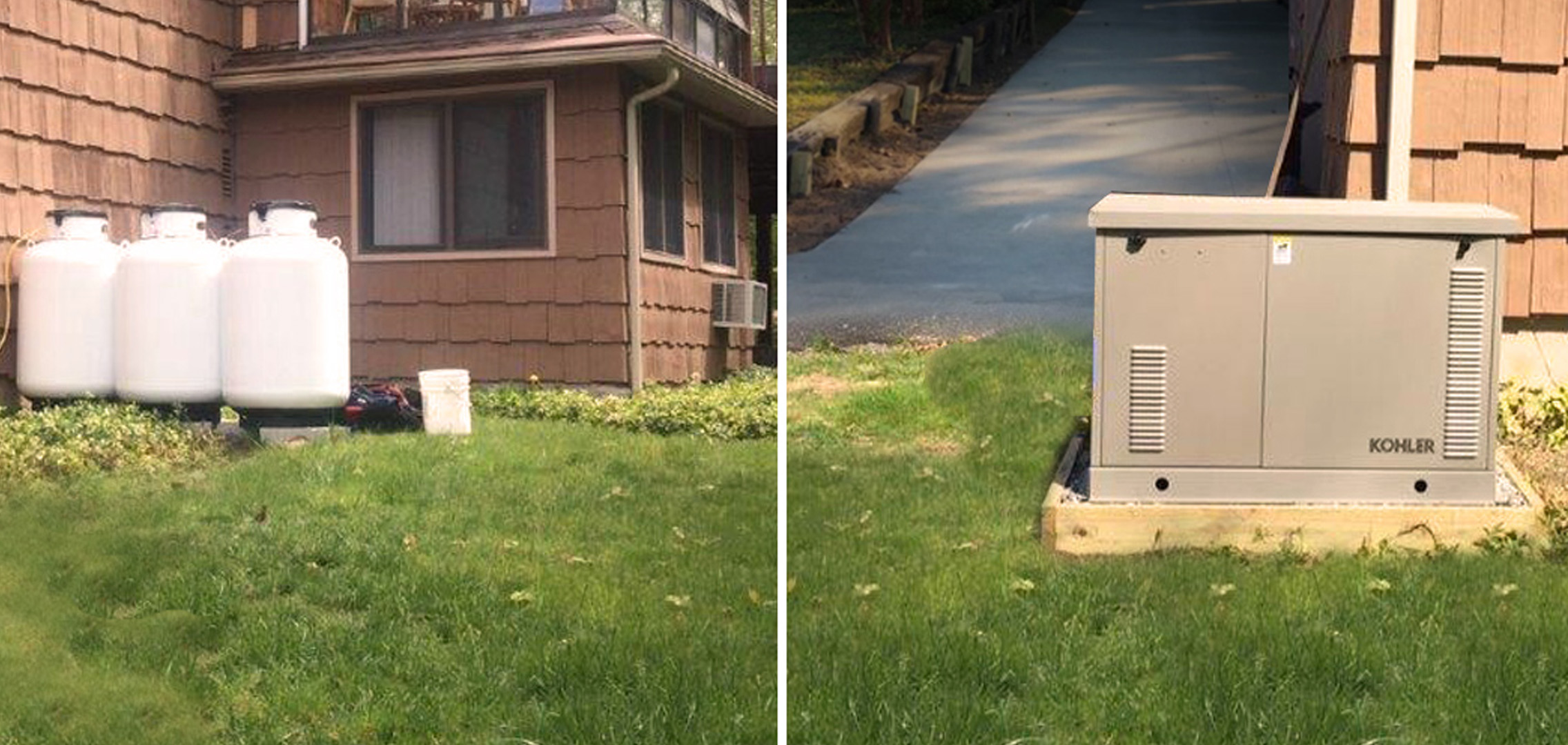 An image of a residential generator next to three propane tanks on the left and an image of a residential generator alone on the right