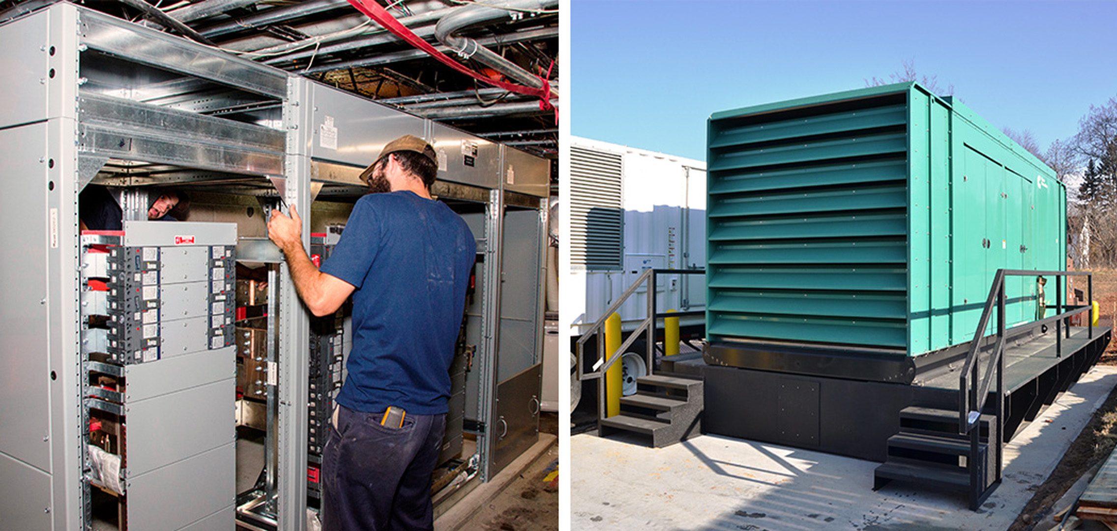 An image of a Tower Generator employee working on an electrical system on the left and an image of a large commercial generator on the right