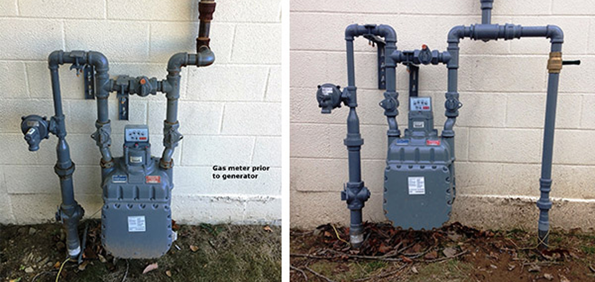 An image on the left of gas meter before generator installation and an image on the right of gas meter after generator installation 