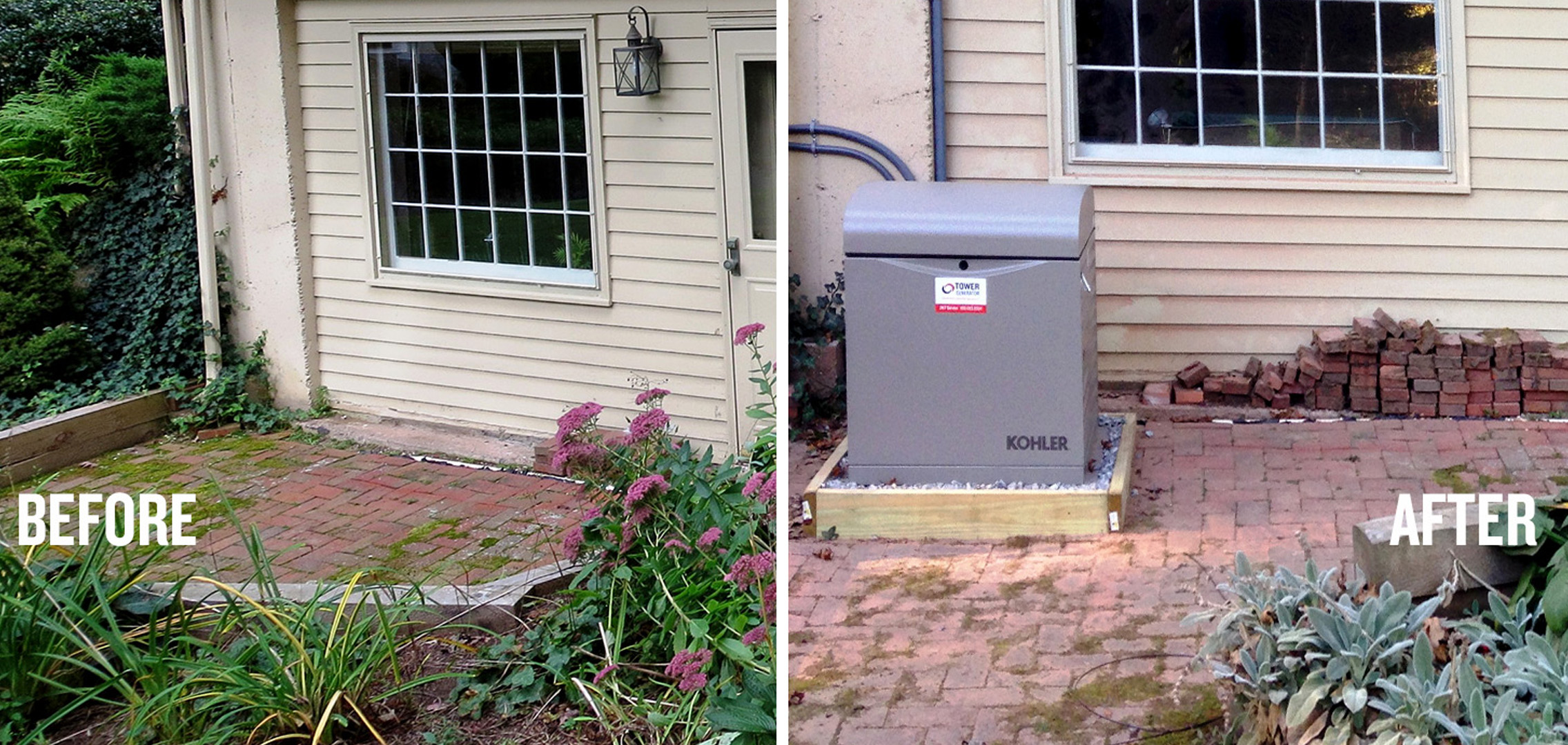 Before image on the left where there is no generator and an after image of the fully installed residential generator on the right