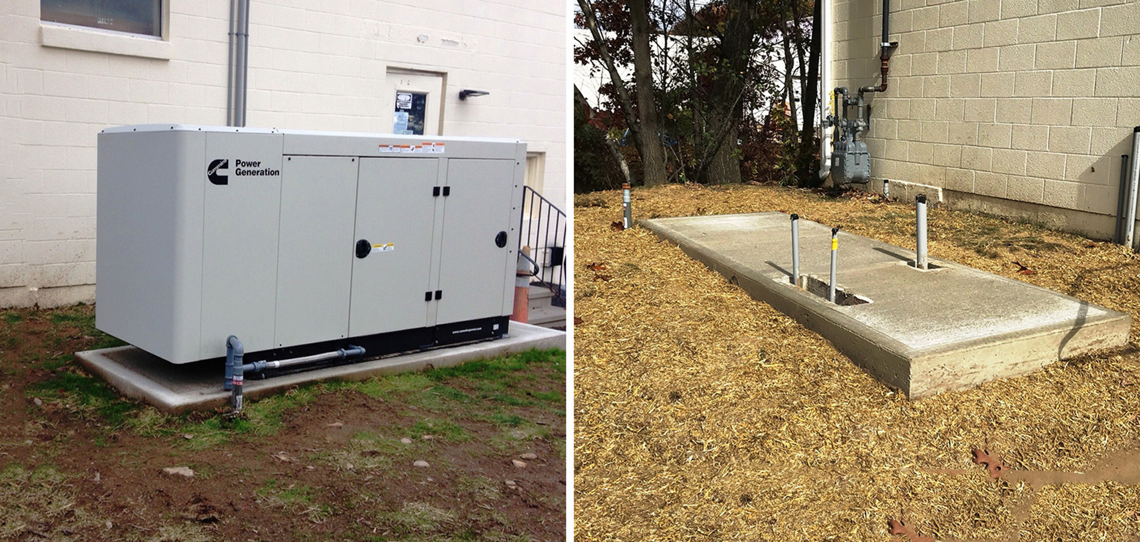 An image on the left of a new installed commercial generator and an image on the right of concrete base with electrical wiring