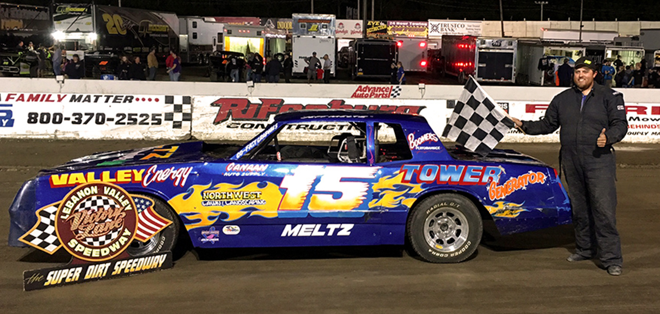 Jeff Meltz Jr's race car sponsored by Tower Generator.