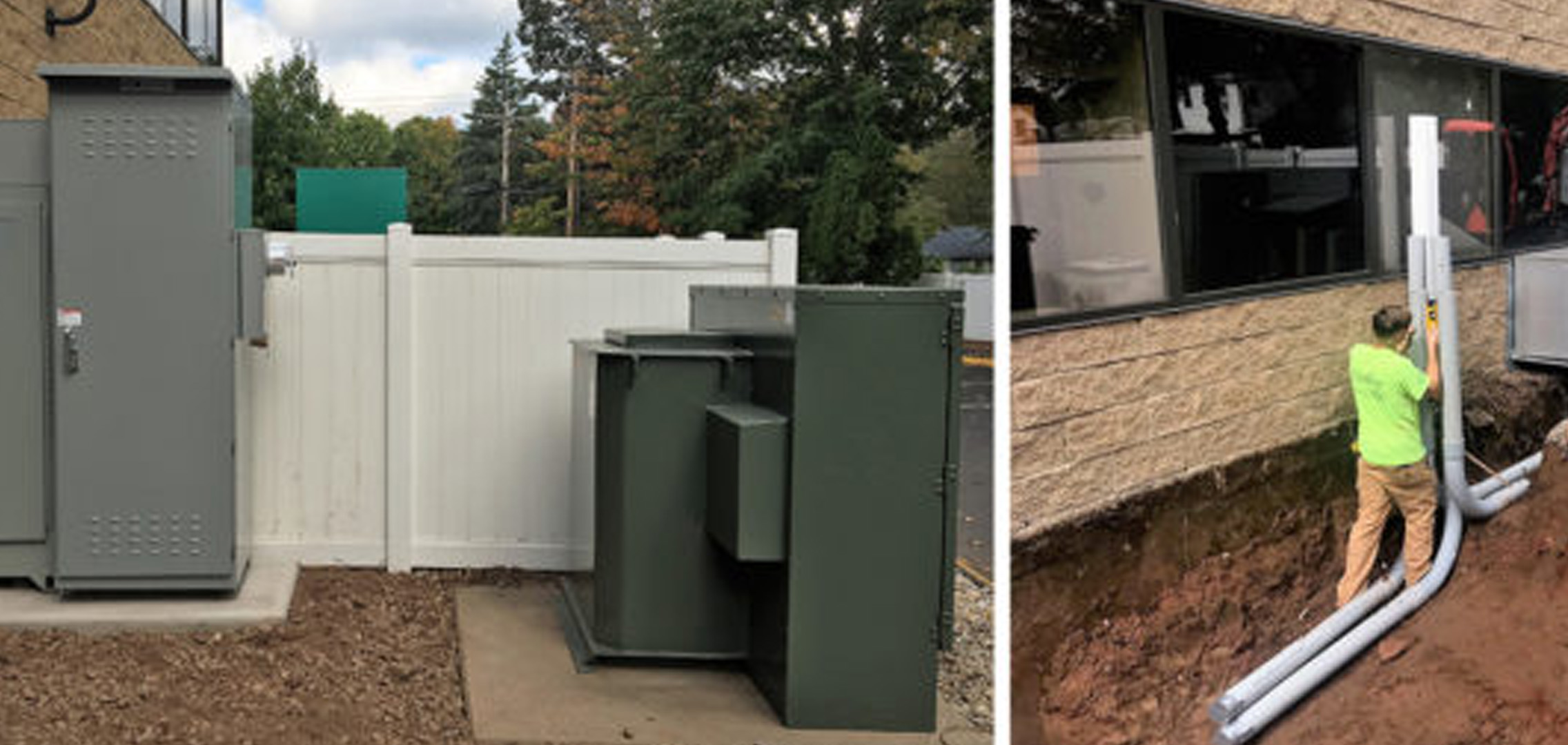 An image on the left of large electrical boxes outside of a white fence and an image on the right of a Tower Generator employee installing equipment