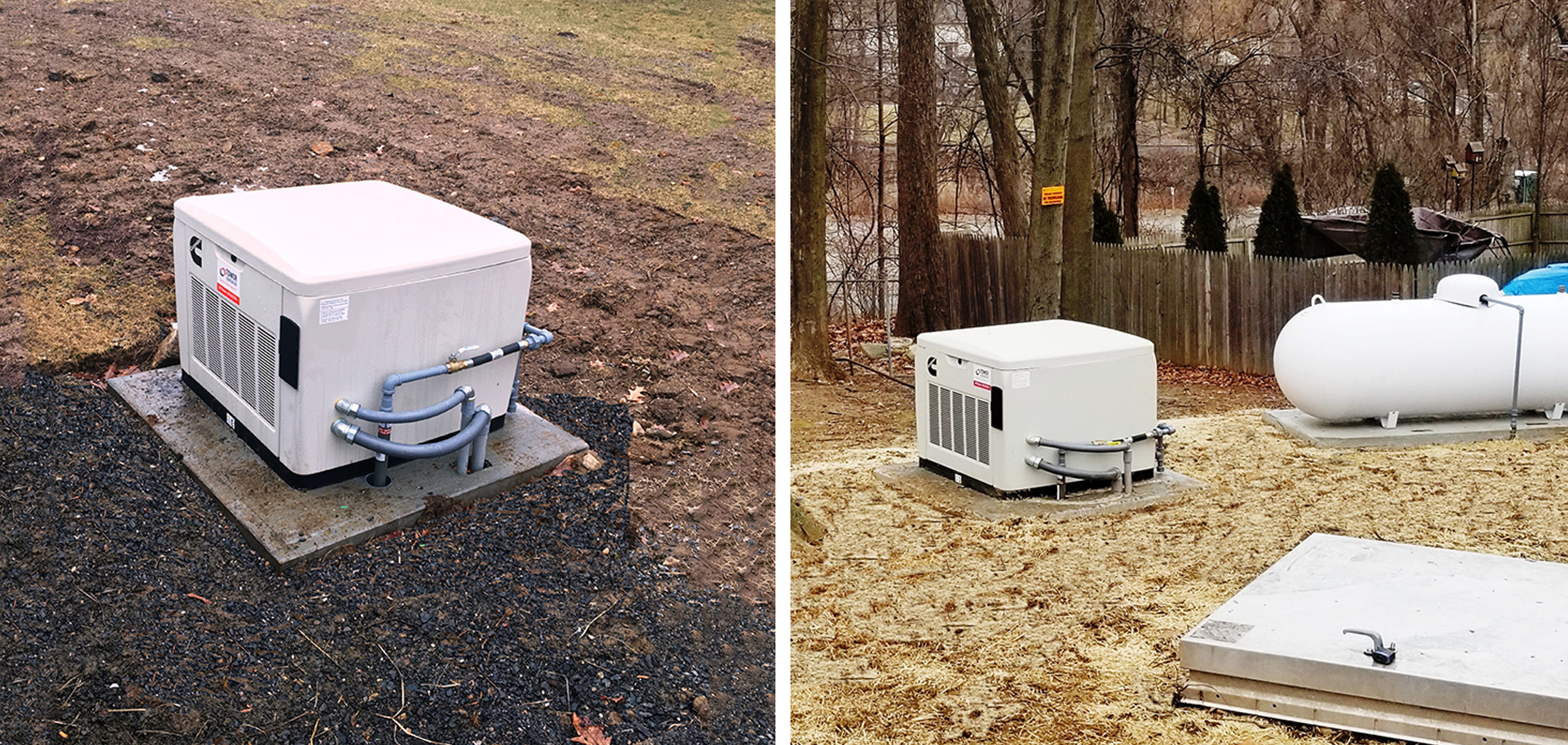 An image on the left of a new residential generator and an image on the right of the same residential generator next to a propane tank