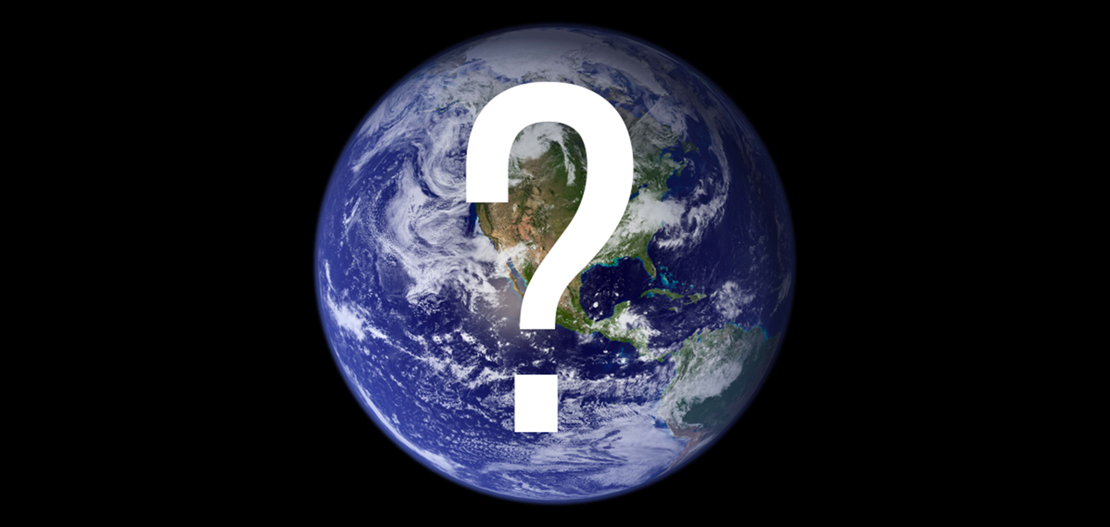 Image of the earth from space with a large question mark in the center.