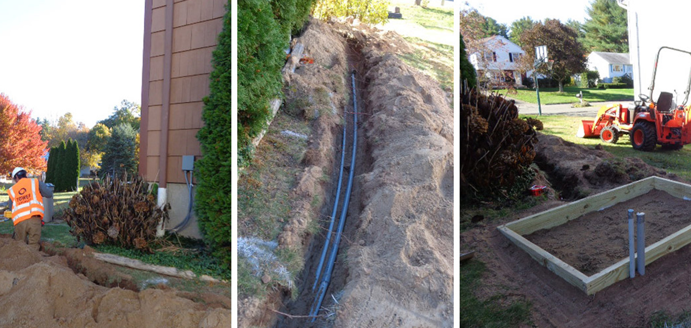 Three images next to each other of a Tower Generator employee digging into the ground, two electrical wires in the ground, and wooden frame in the ground (from left to right respectively)