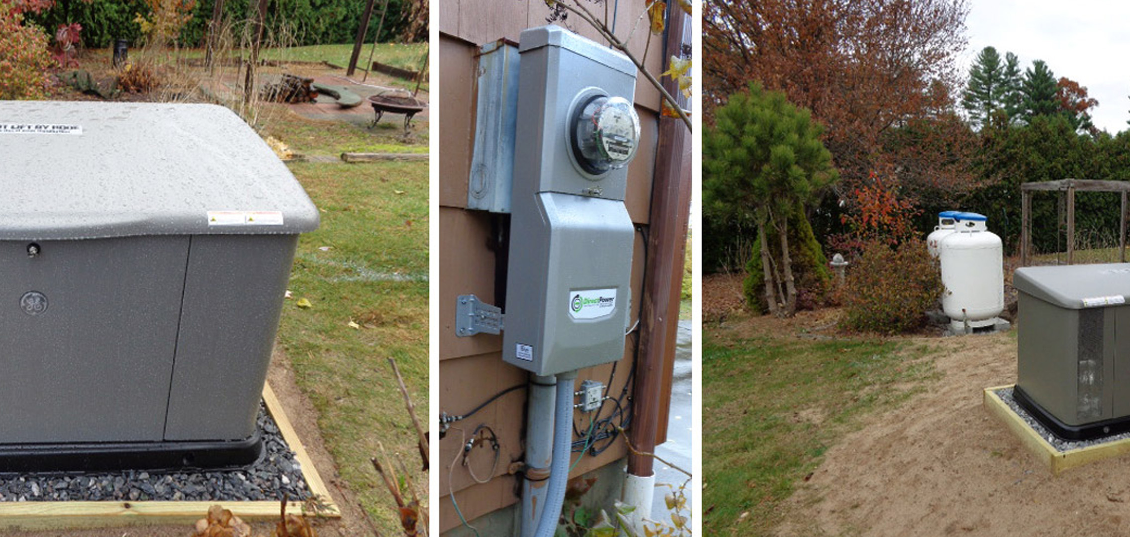 Three images next to each other of a residential generator up-close, an outdoor electrical power meter, and a residential generator from afar (from left to right respectively)