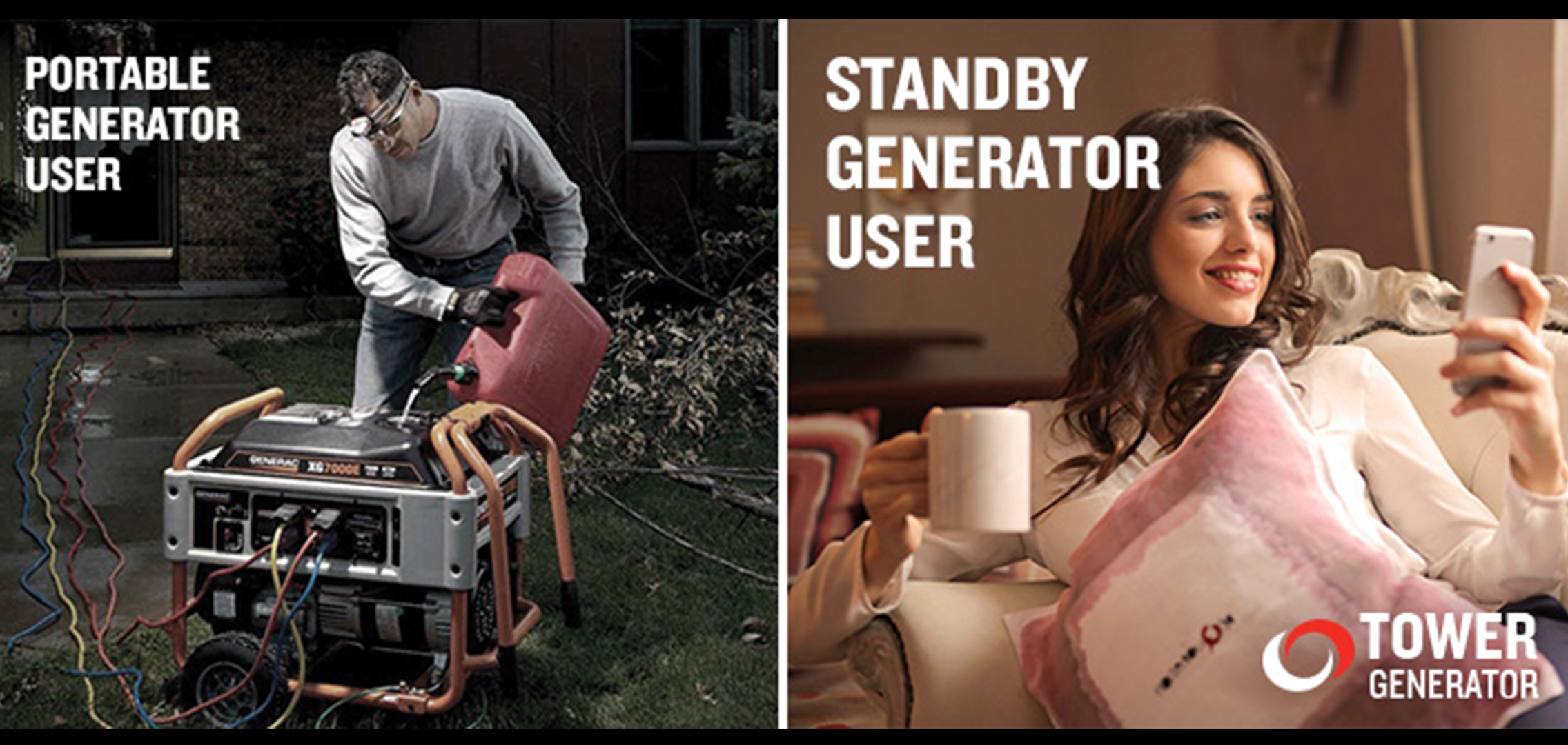 One image showing a man using a portable generator with the words 