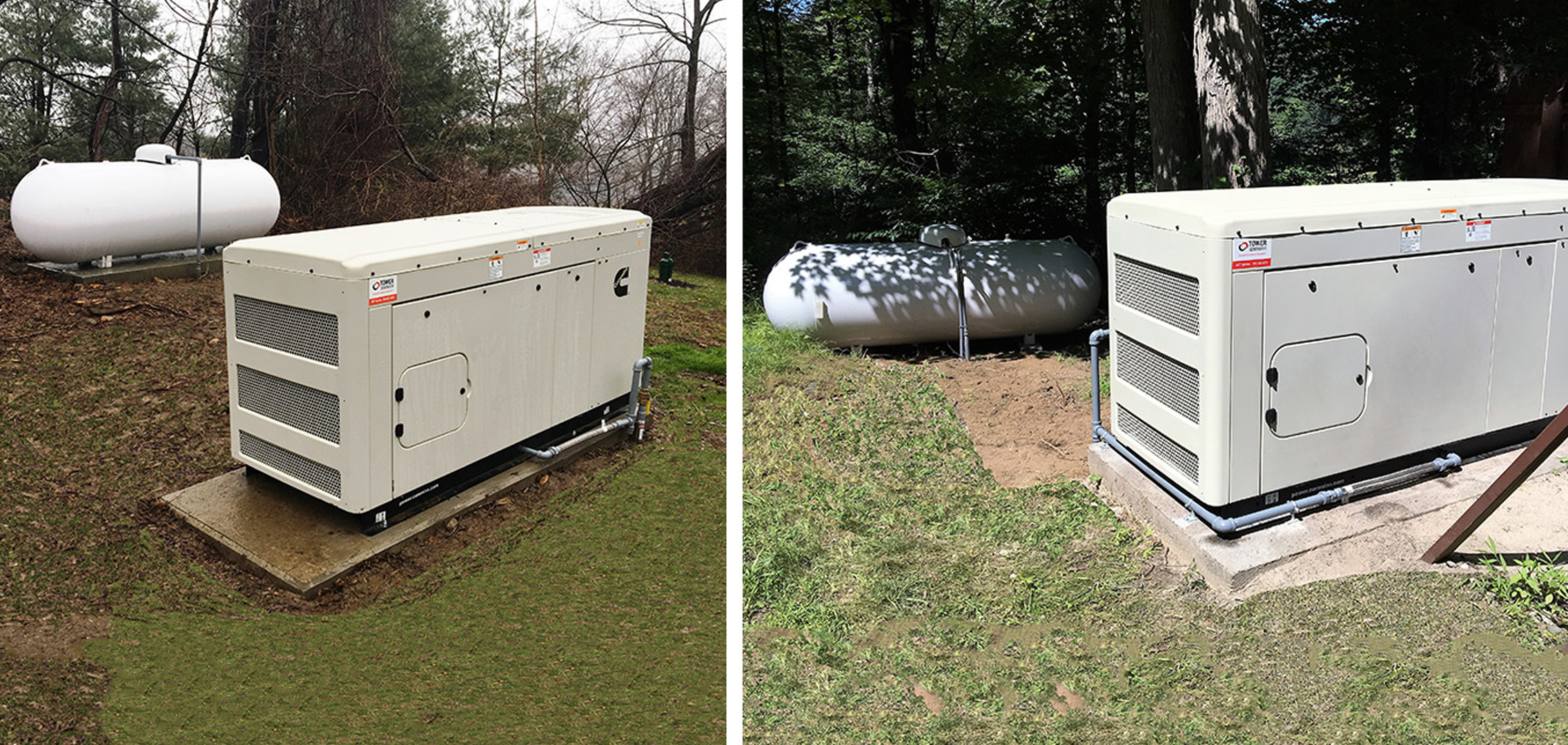 Two images of a commercial generator in the foreground with a water tank in the background taken at two different angle