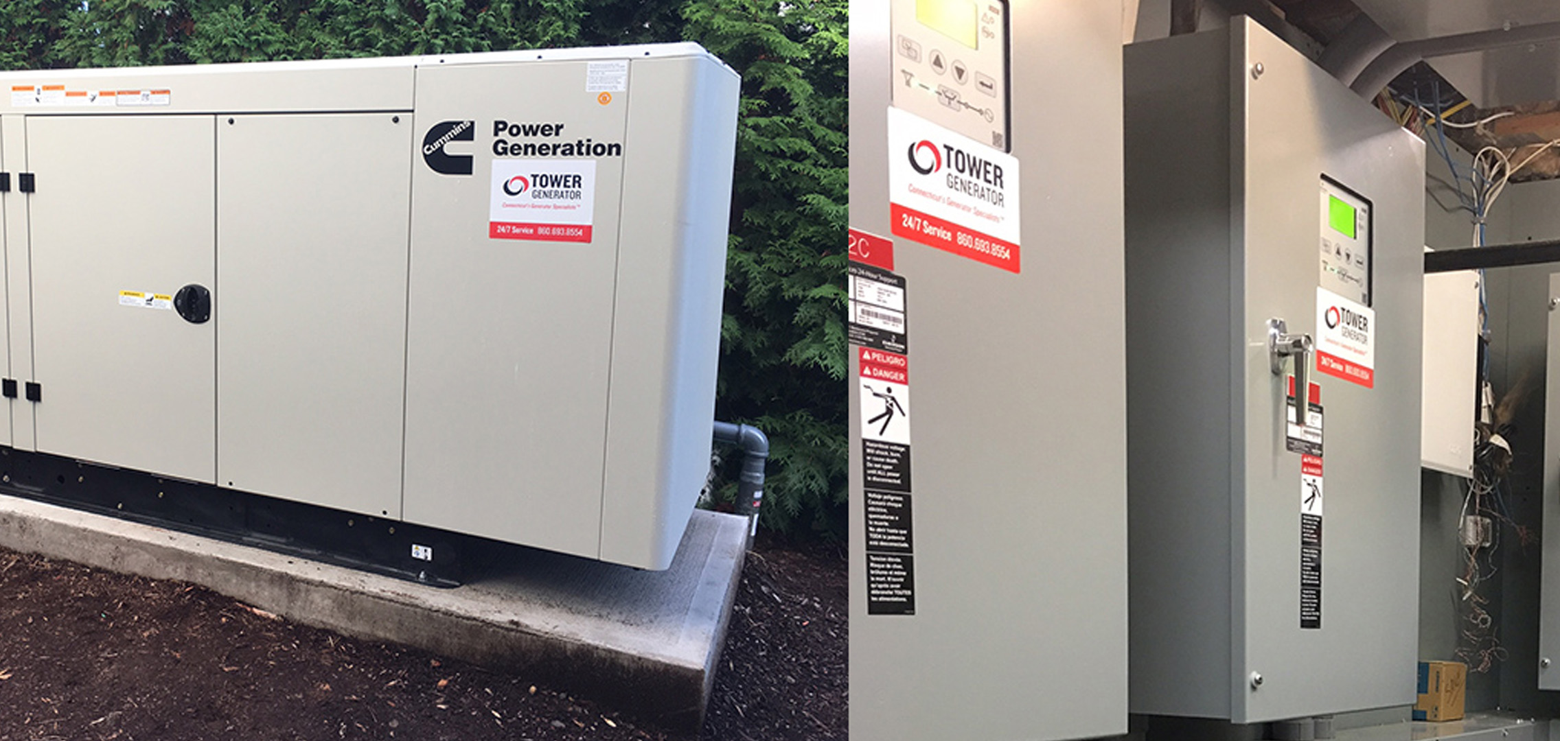 Image of a commercial generator on the left and image of three electrical units on the right