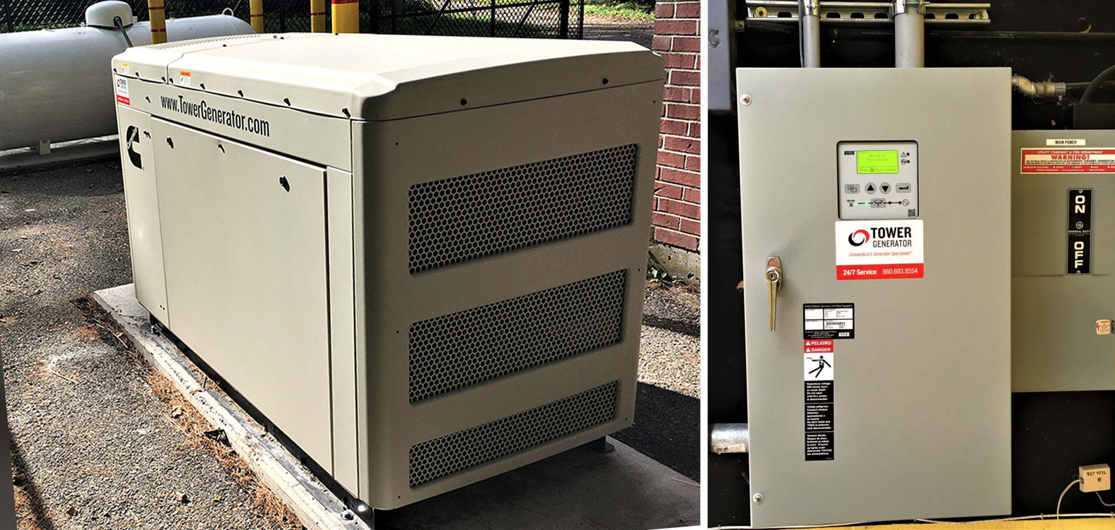 An image on the left of a commercial generator and an image on the right of an electrical box