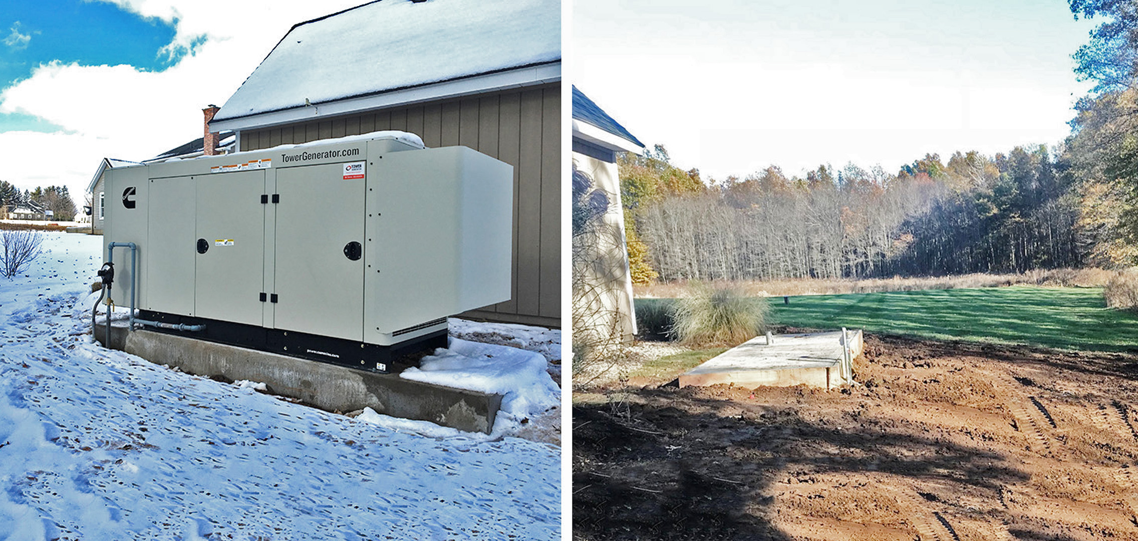 An image on the left of a commercial generator and an image on the right of a cement foundation surrounded by dug up dirt
