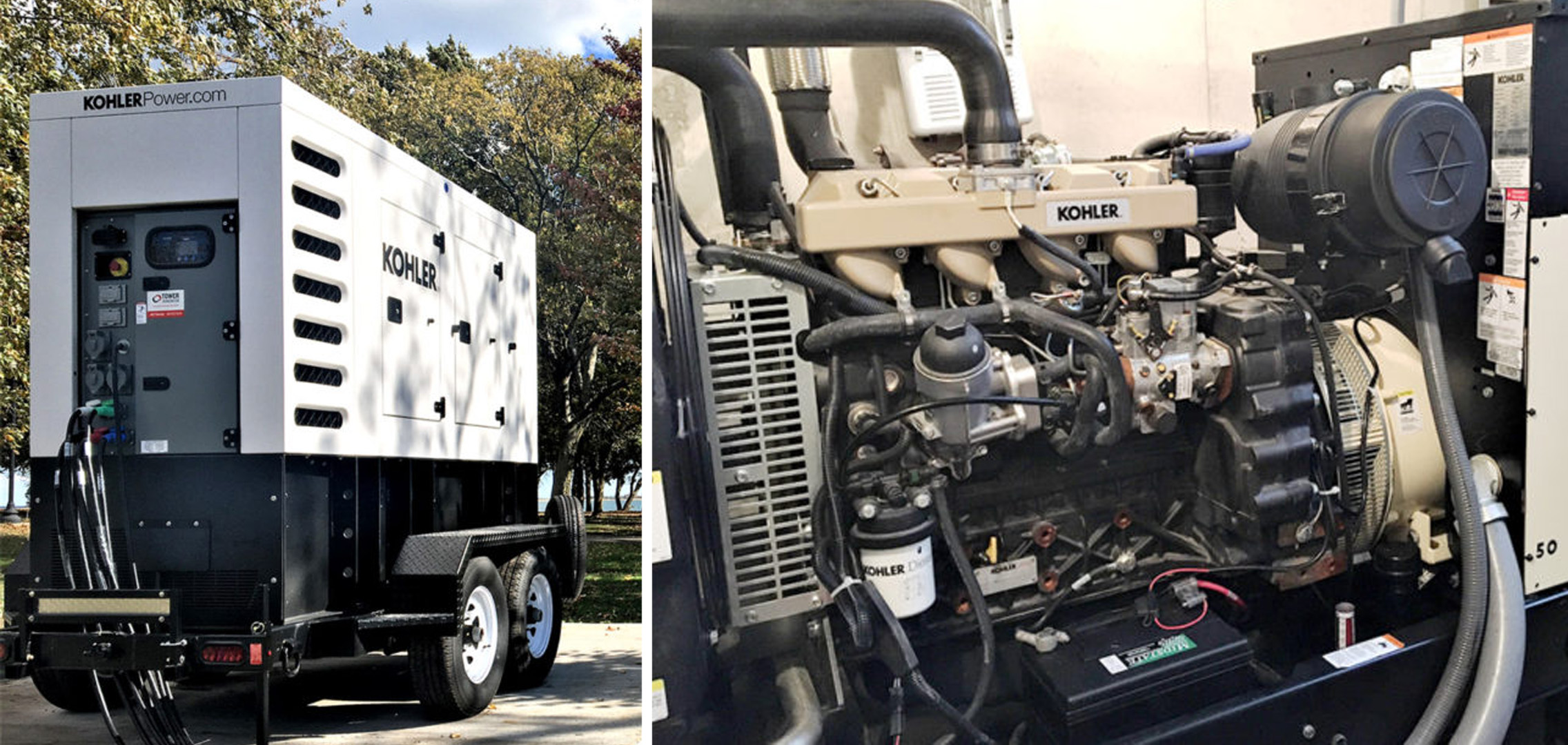An image on the left of the commercial generator being transports on a trailer and an image on the right of the inside mechanics of a commercial generator