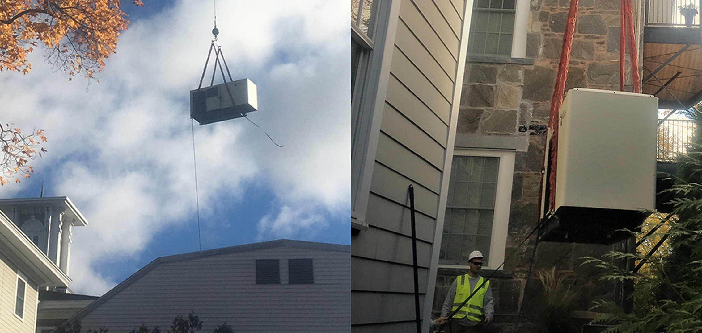 Two side by side images of commercial generators being airlifted by cranes
