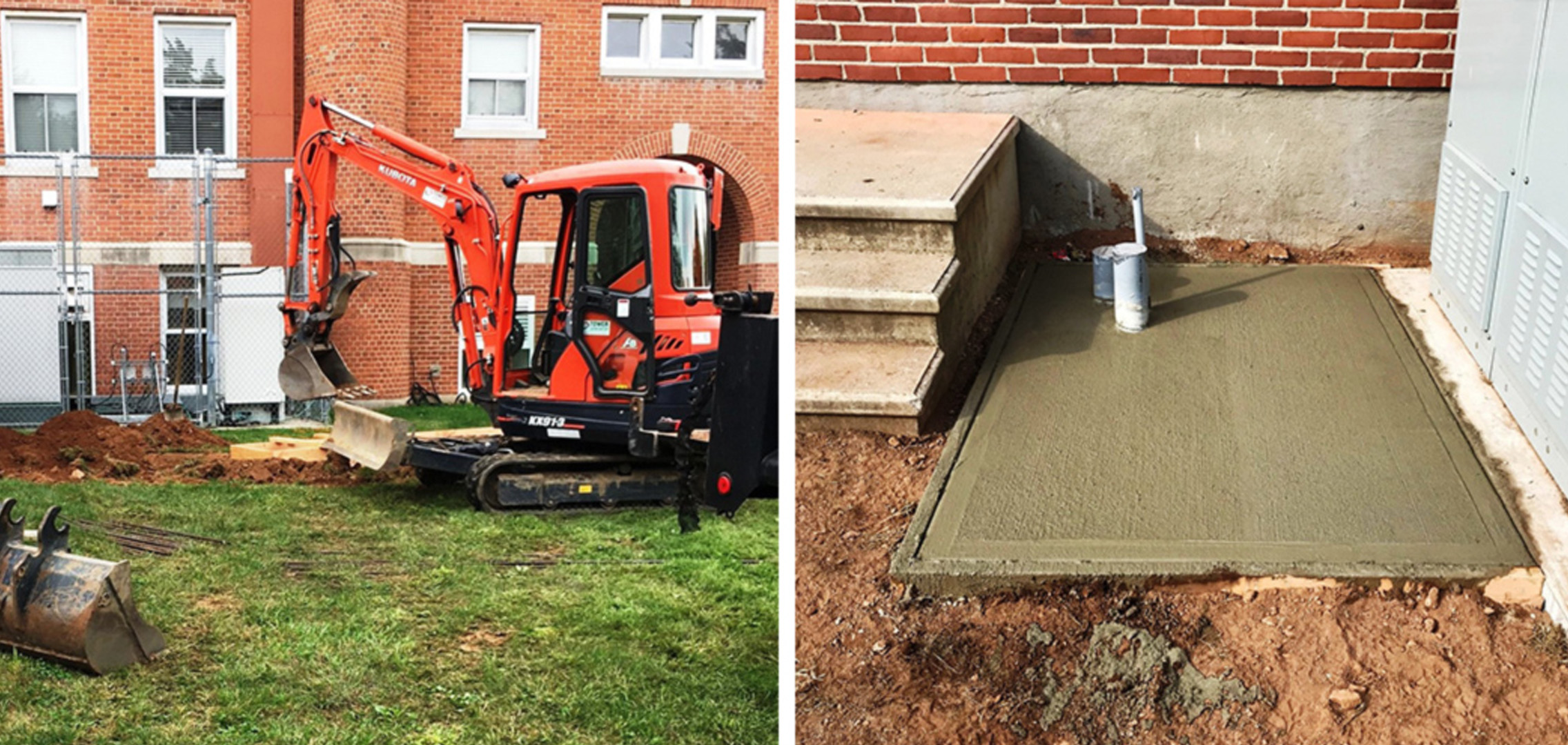 An image on the left of a red Tower Generator excavator vehicle digging into the ground and an image on the right of a concrete base