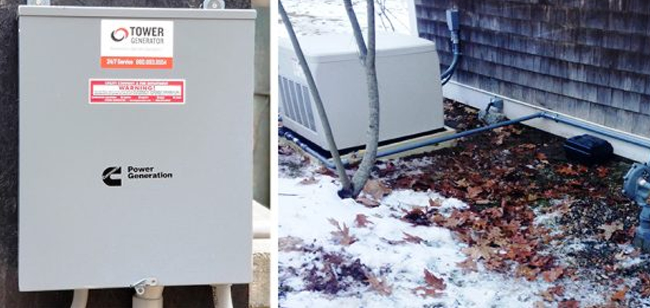 An image on the left of an electrical box and an image on the right of the gas pipes leading into the generator