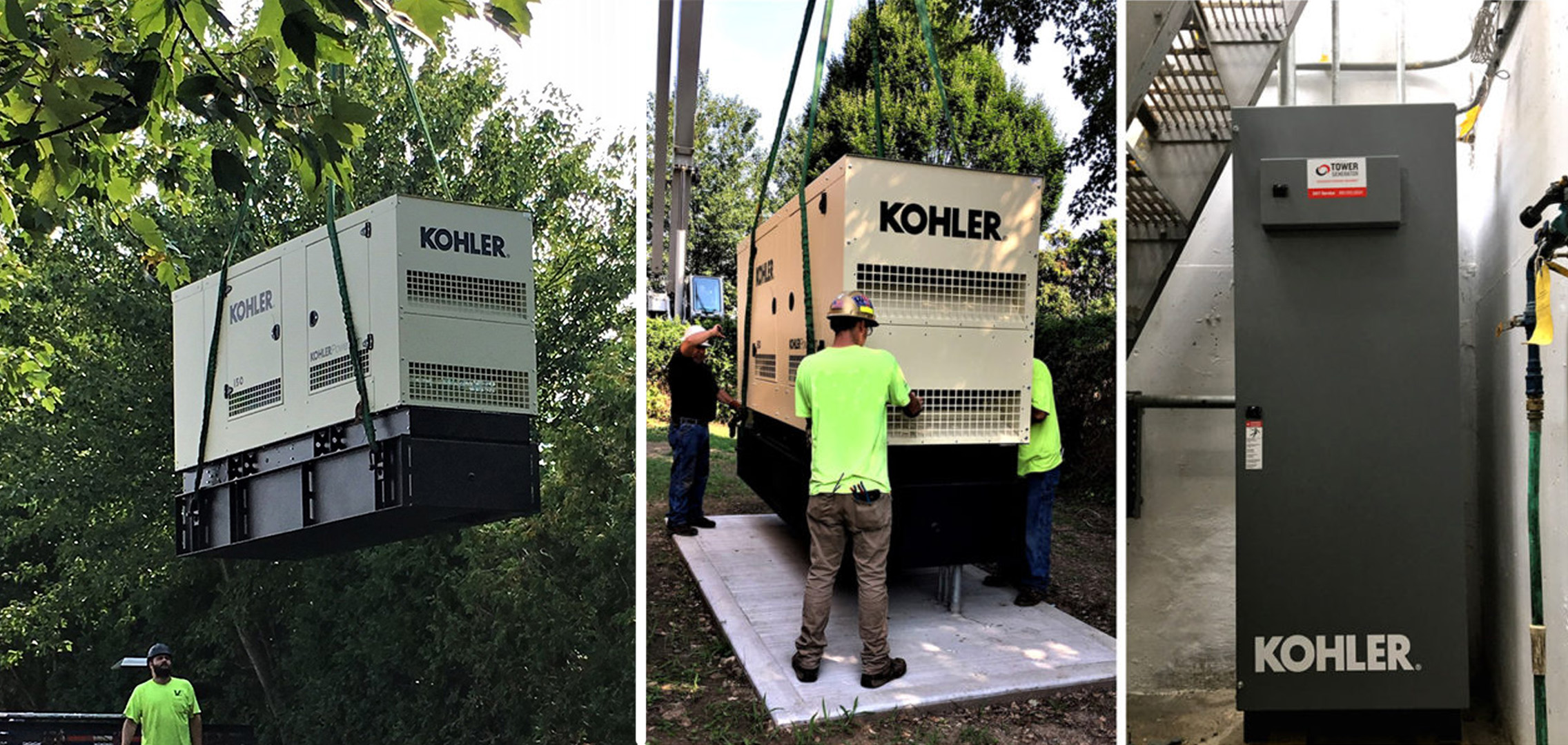 An image of a commercial generator being airlifted, an image of the same commercial generator being placed on a cement base, and an image of an electrical box from left to right, respectively