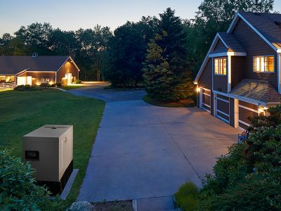 Generator outside of house with lights on at sunset