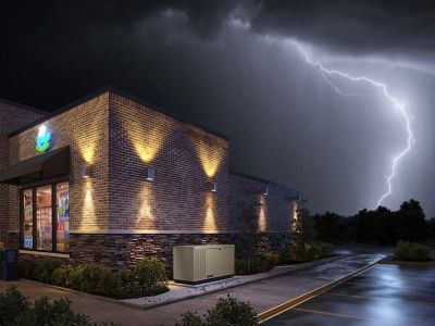 A restaurant being powered by commercial generator during a storm