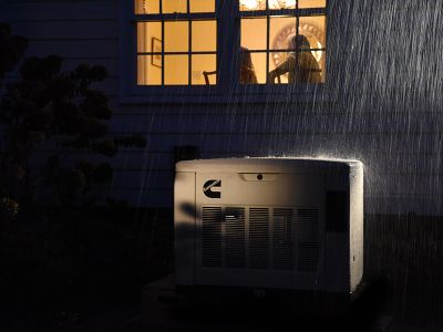 Residential generator in a storm at night outside of a house with a window showing people inside with the lights on