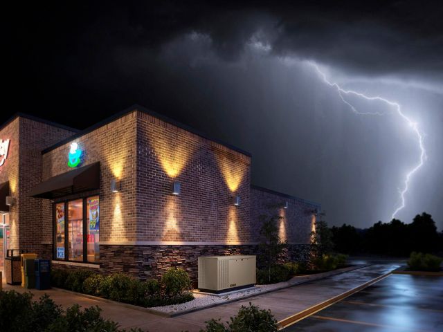 Kohler generator outside of a business during a storm