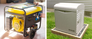 A yellow, gasoline-powered portable generator and a residential Kohler standby generator