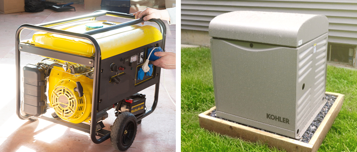 A yellow, gasoline-powered portable generator and a residential Kohler standby generator
