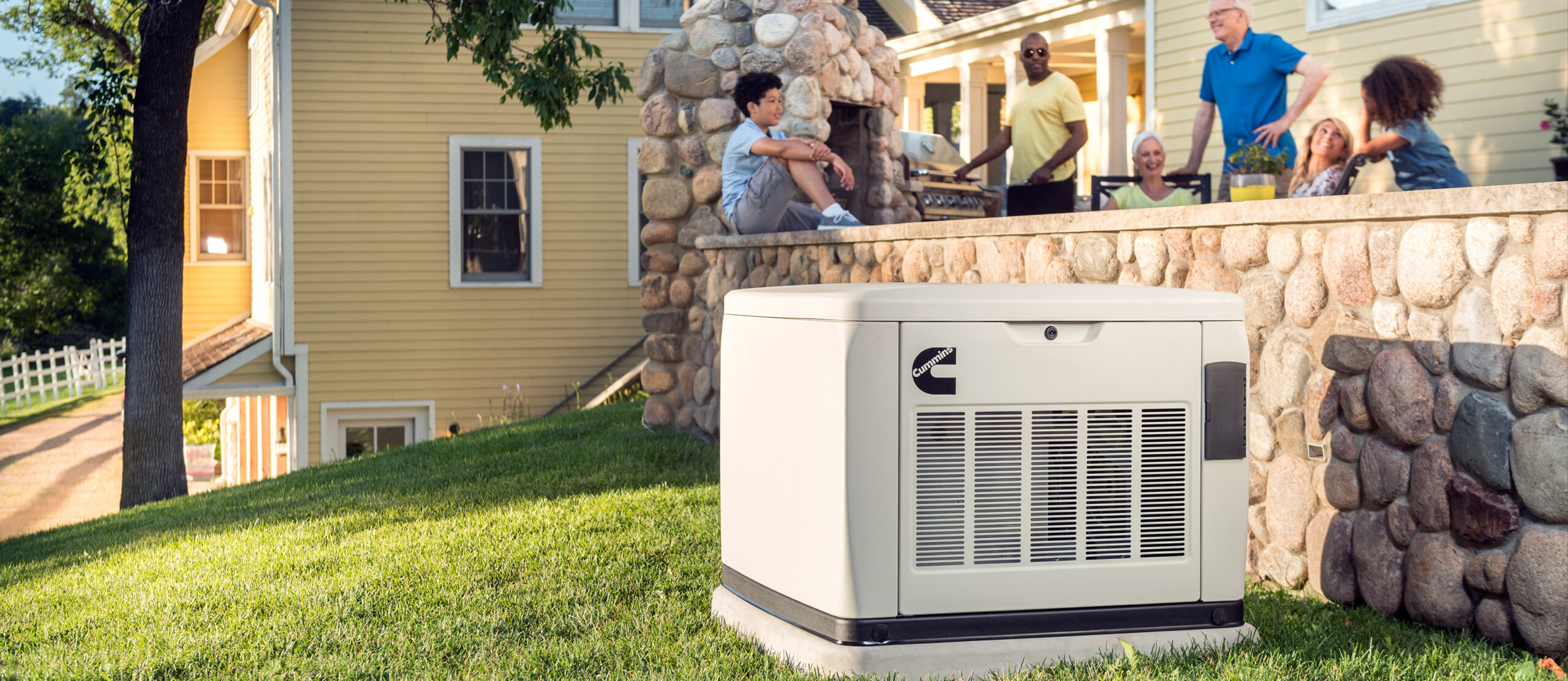 A residential generator in a yard.