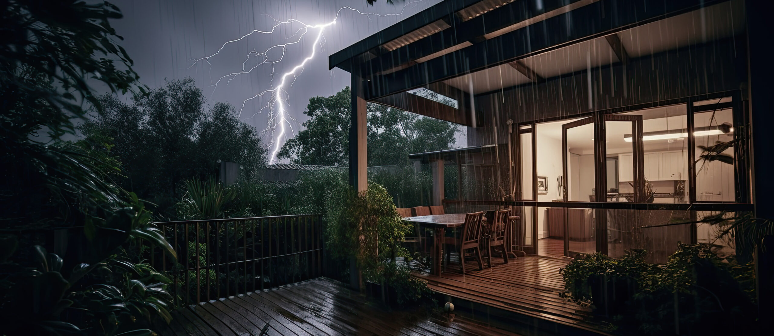Home porch with lightning storm pictured behind